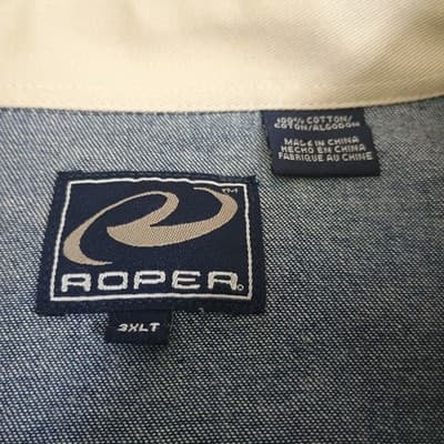 Roper Denim Shirt Mens 3XT Tall Long Sleeve Button Blue Tan Collar - Thumbnail 4