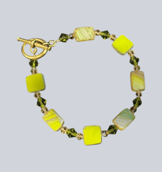 Vintage Natural Square Bead Bracelet 7" Goldtone
