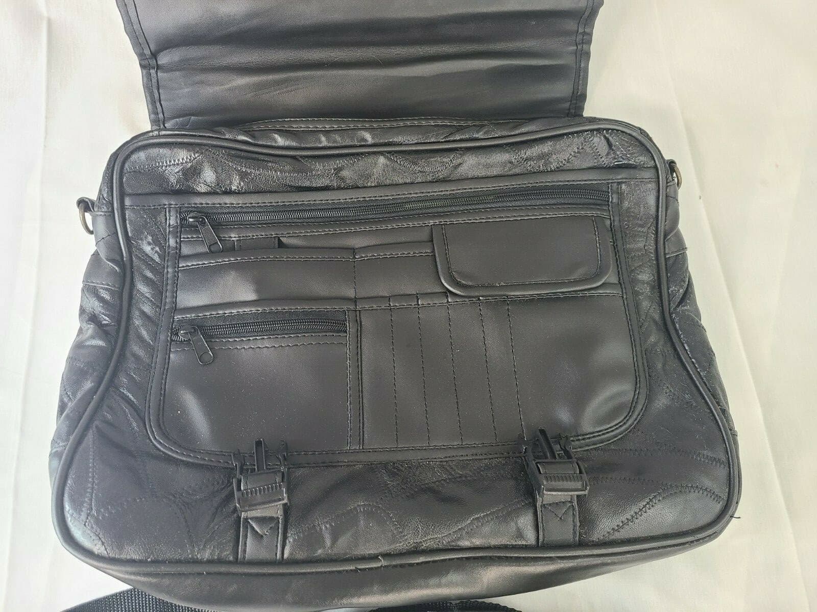 Black Genuine LEATHER Unisex BRIEFCASE Laptop Bag Business Case & Strap - Thumbnail 2