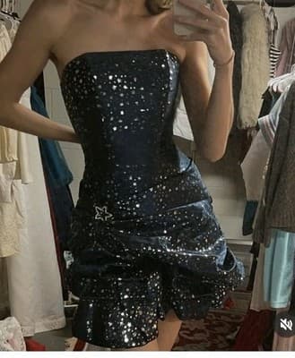 VTG Jessica McClintock Gunne Sax Dress Metallic Star Strapless Bubble Mini Sz 5