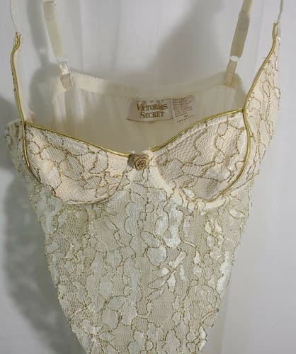 Victorias Secret Gold Label Vintage Sexy Lingerie Bodysuit Gold Ivory Medium - Thumbnail 4
