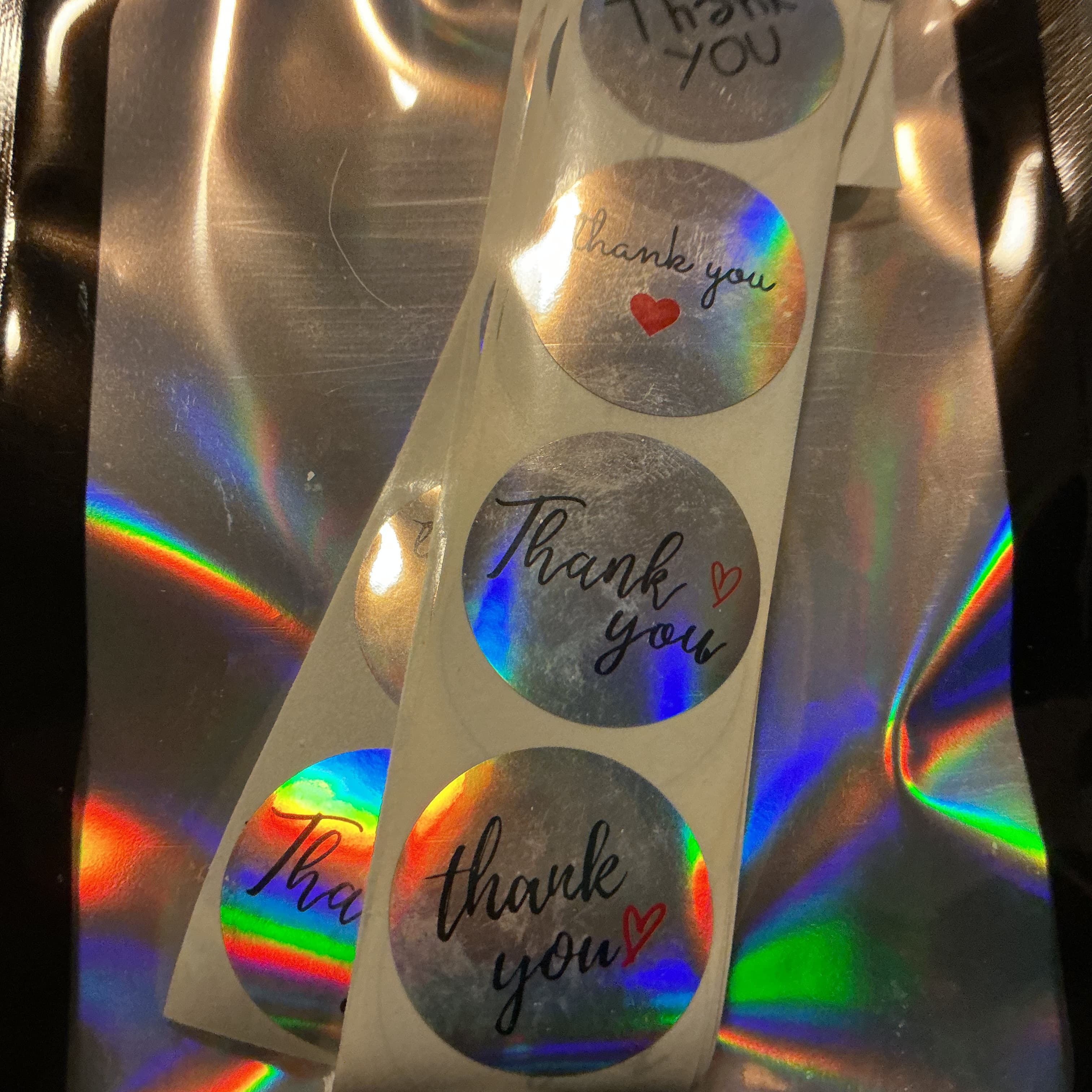 ★ 50 Holographic Silver Thank You Heart Stickers for Packaging