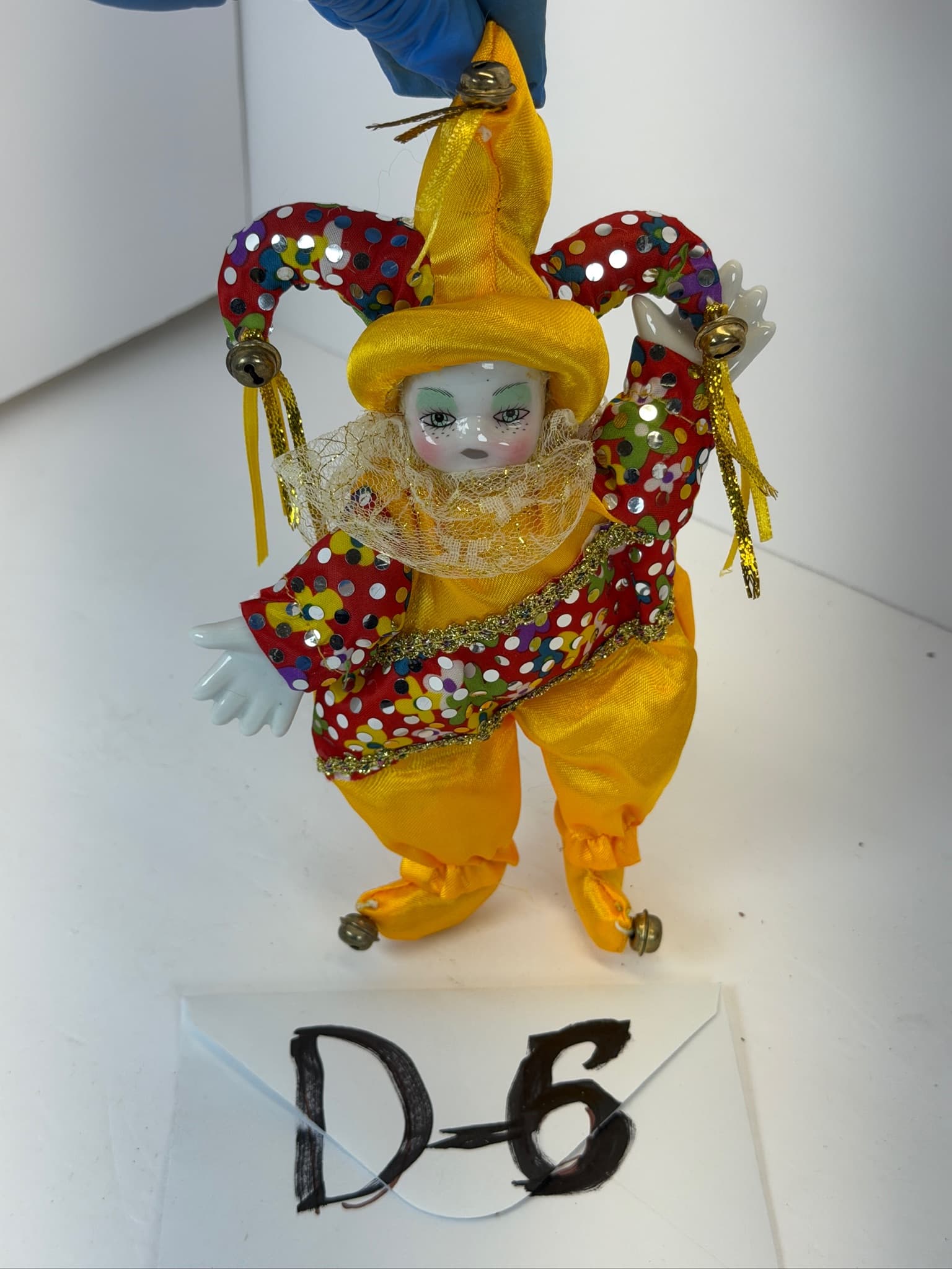 Vintage Porcelain Jester Doll Multi-Color Sequined Outfit With Bells D-6