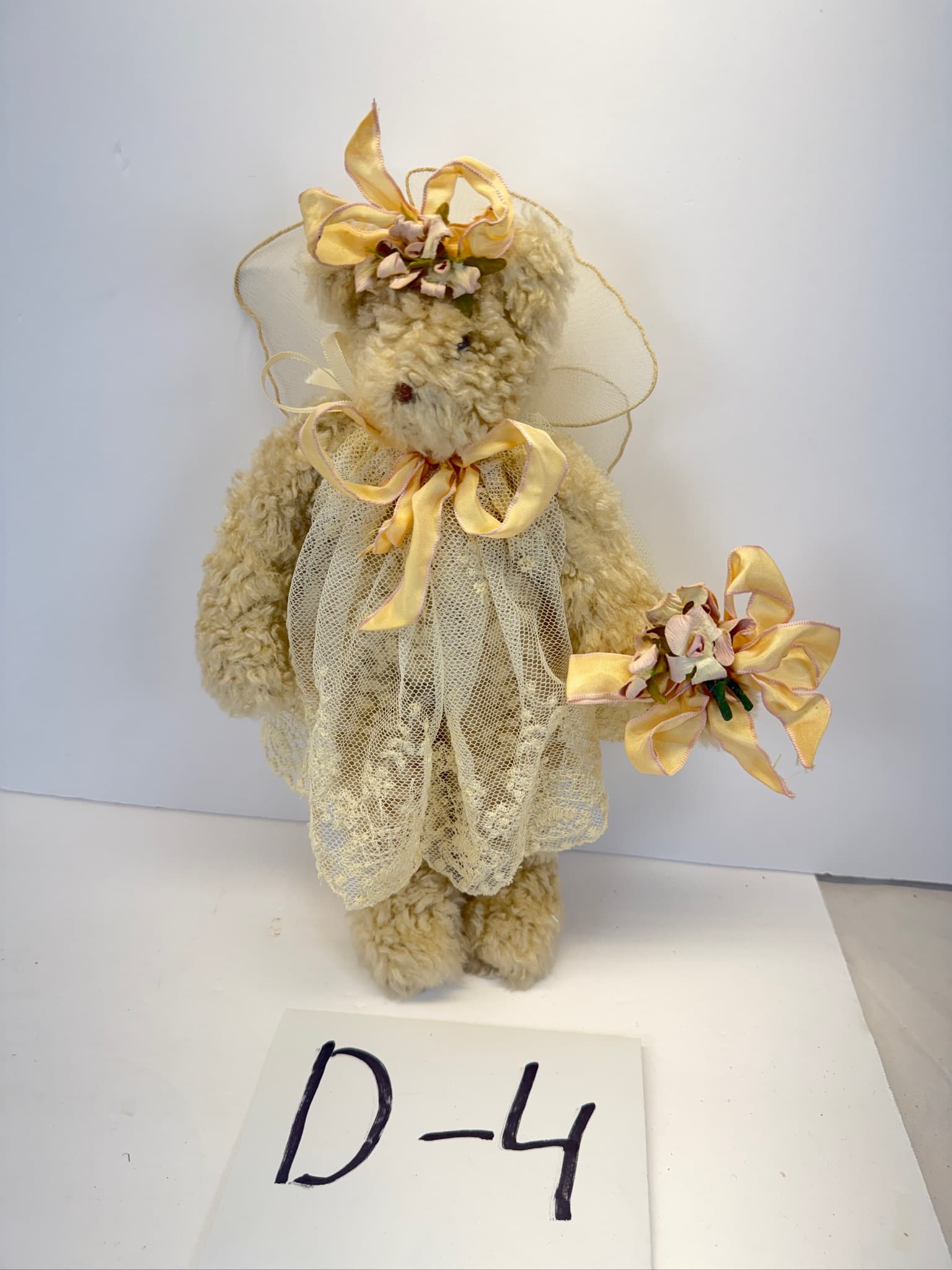 Vintage The Hen In The Holly Angel Teddy Bear Lace Dress Floral Bouquet USA Made