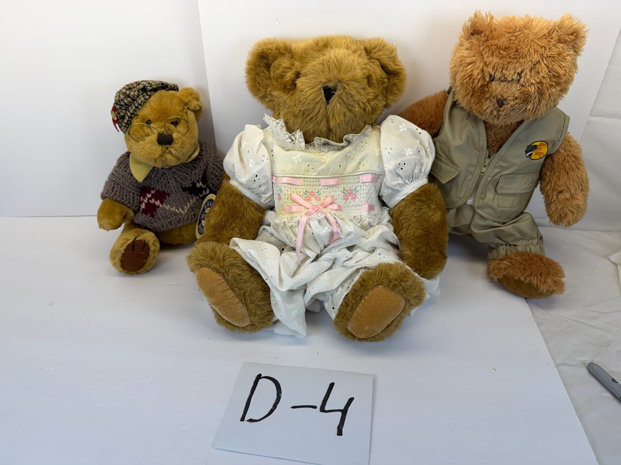 Lot of 3 Collectible Plush Teddy Bears Bass Pro Shops Brass Button Bears Vintage