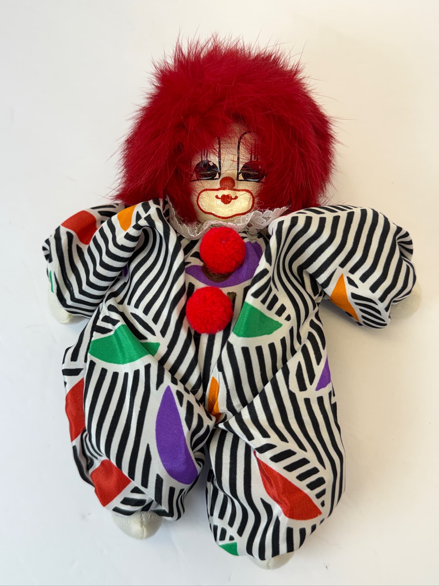 Vintage Clown Doll Porcelain Face Red Hair Striped Outfit D-6