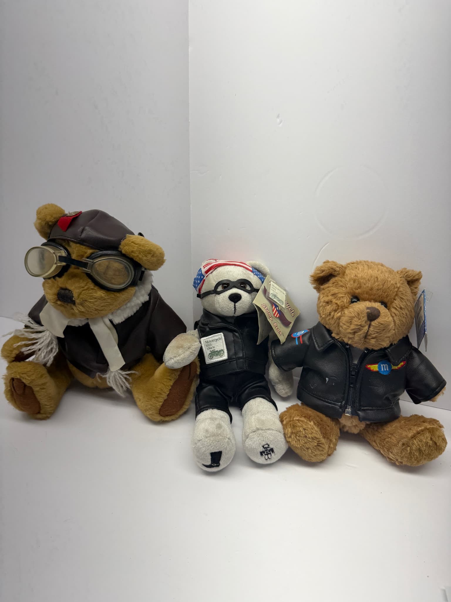 Lot of 3 Collectible Plush Bears Biker Motorcycle Aviator M&M's D-4