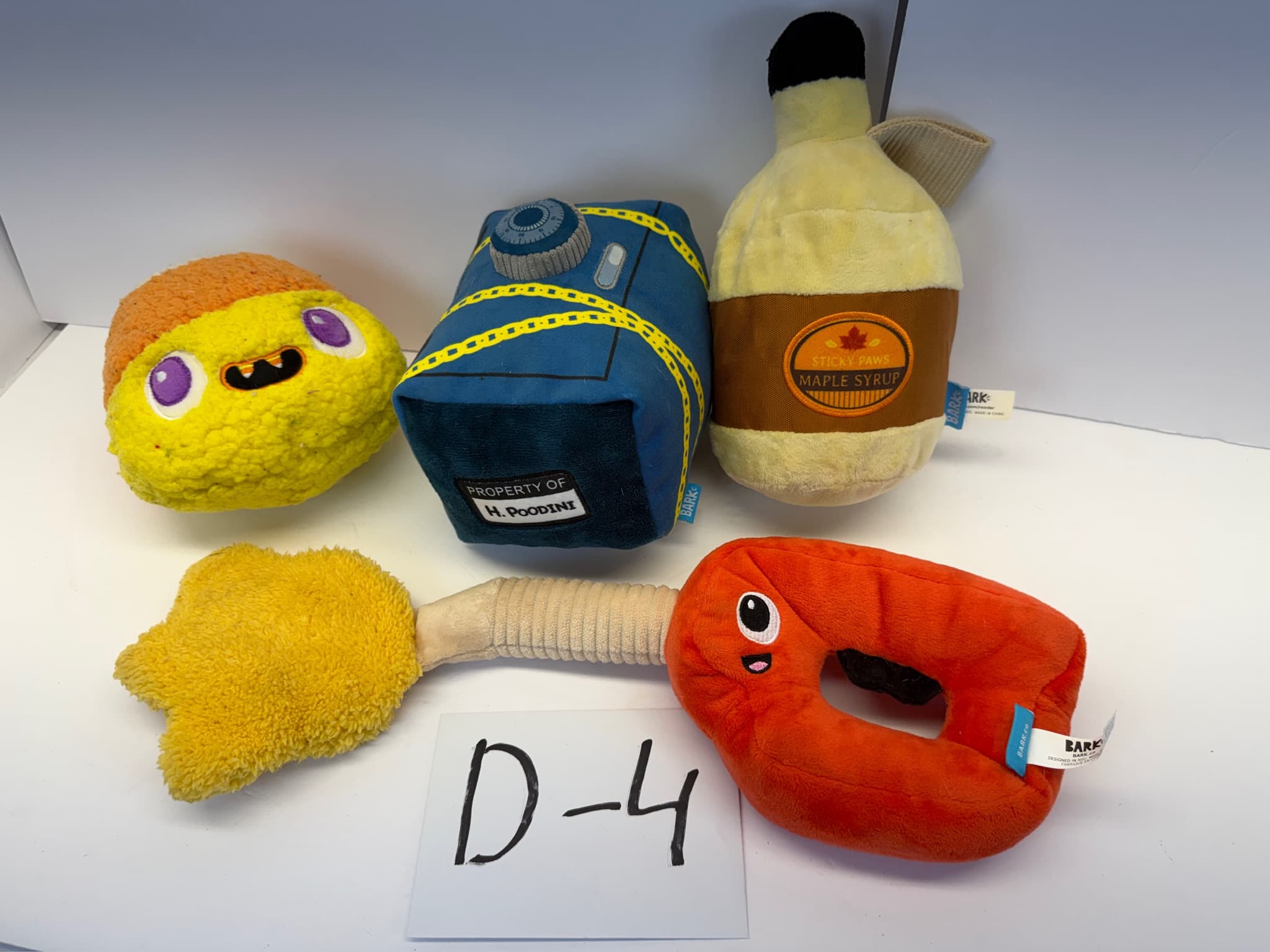 Lot of 4 BarkBox Plush Dog Toys - Candy Corn, H. Poodini Safe, Maple Syrup - D-4