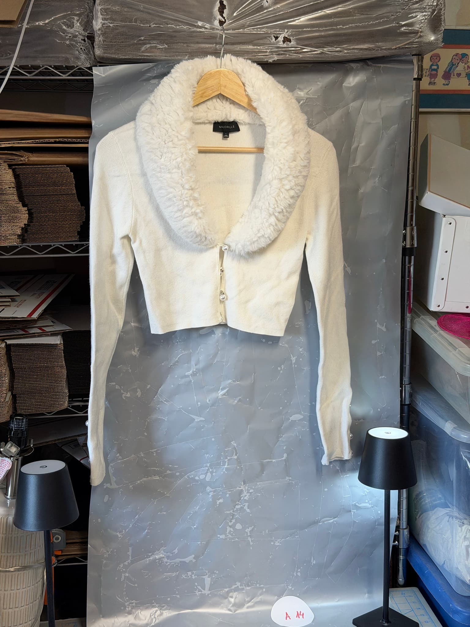MAJORELLE White Cropped Cardigan Faux Fur Collar Pearl Button Women's Size S