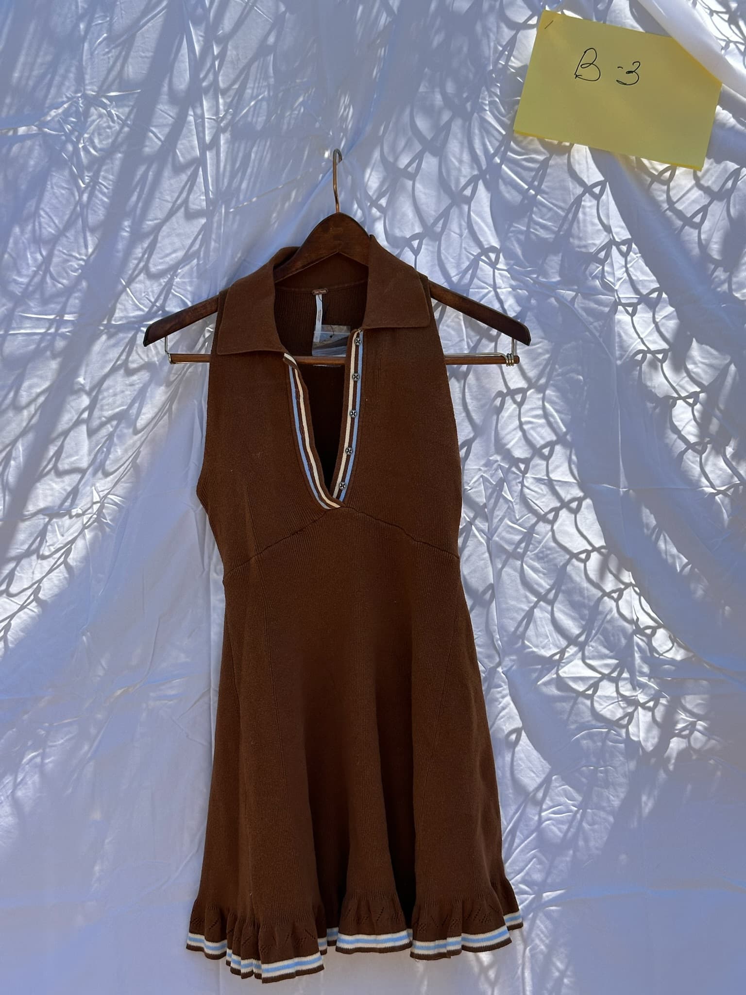 Free People Brown Knit Collared V-Neck Sleeveless Dress Ruffled Hem XS