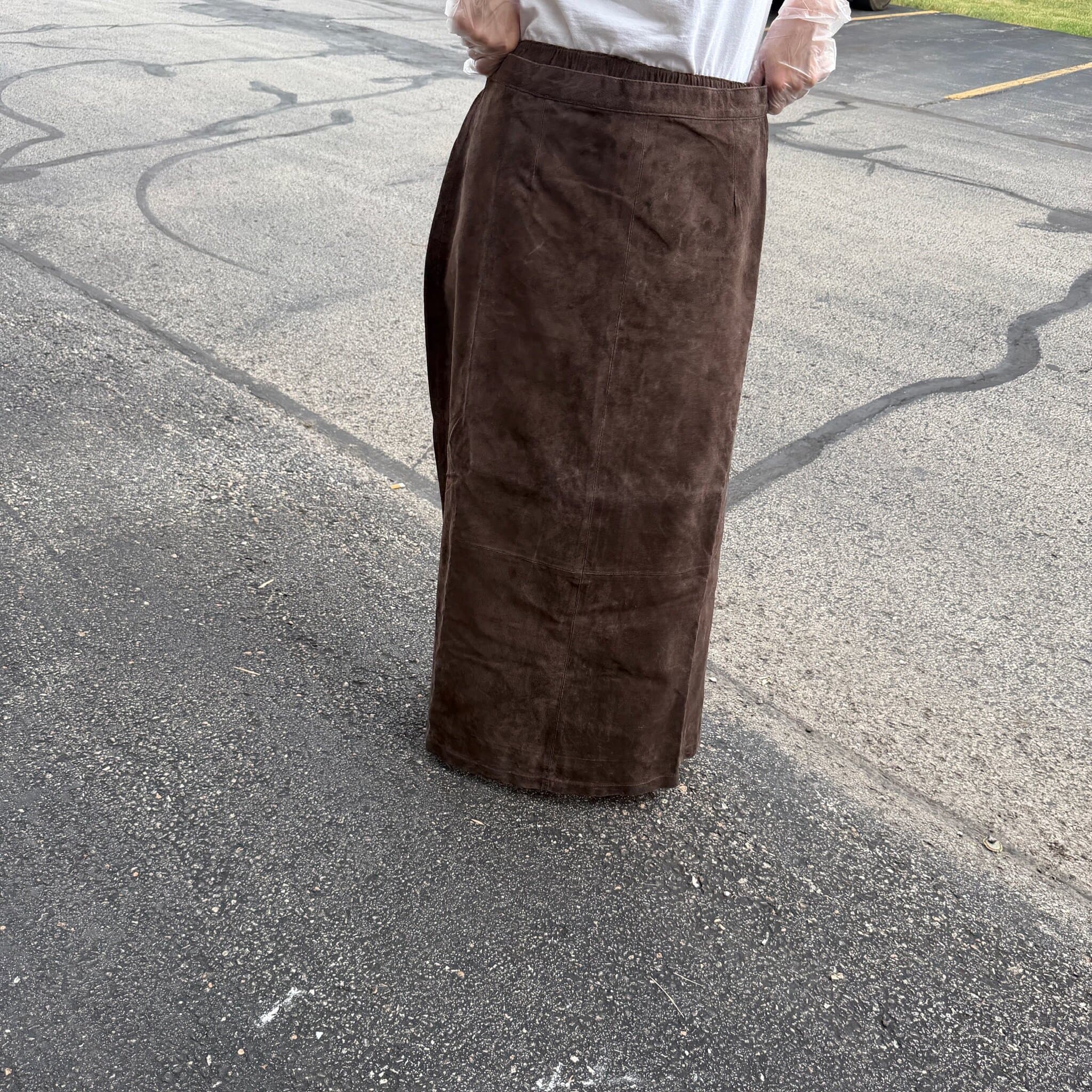 Dialogue 18W Brown Leather Maxi Skirt Washable Suede Lined D-10