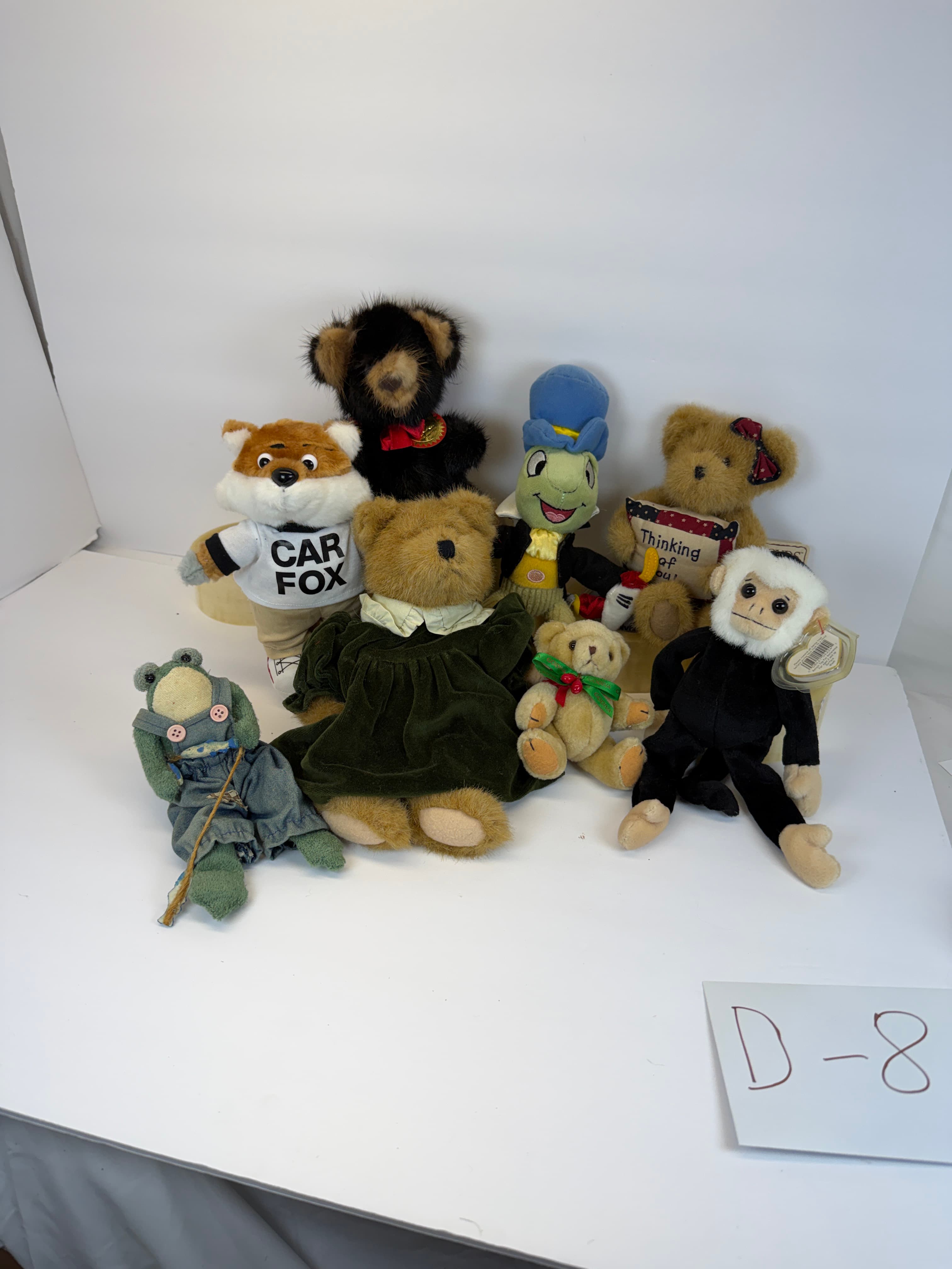 Lot of 9 Ty Beanie Babies & Plush Toys -Bears, Monkey, Fox, Frog, Jiminy Cricke