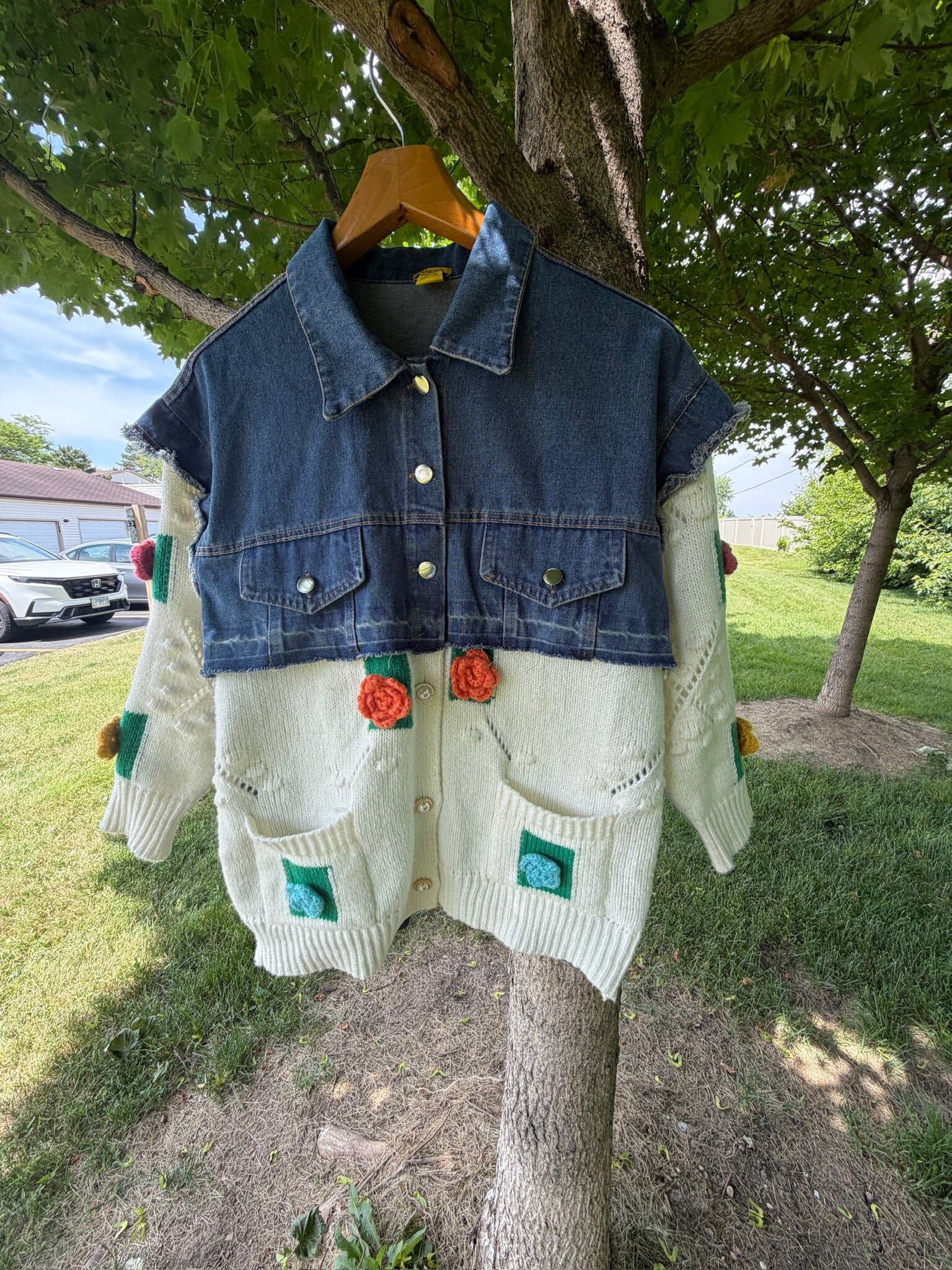 Daisy Denim Knit Hybrid Jacket Women's 1X Floral Applique Button Front