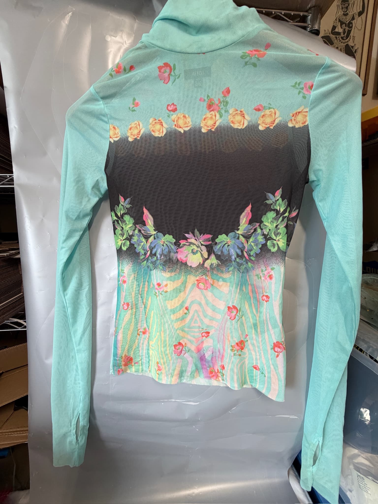 AFRM Women's S/P Mesh Long Sleeve Top Floral Zebra Print Mock Neck