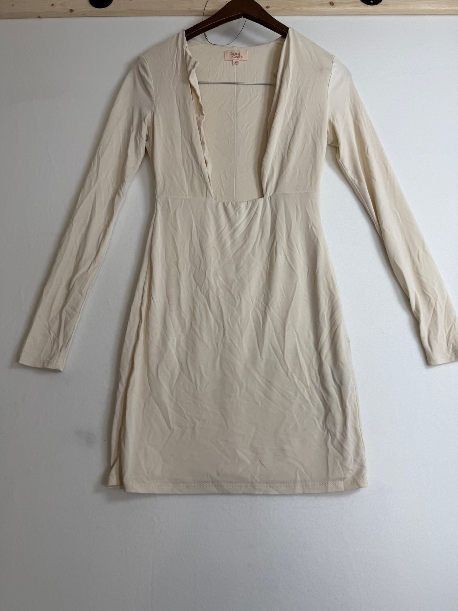 Camila Coelho Cream Knit Long Sleeve V-Neck Mini Dress XS