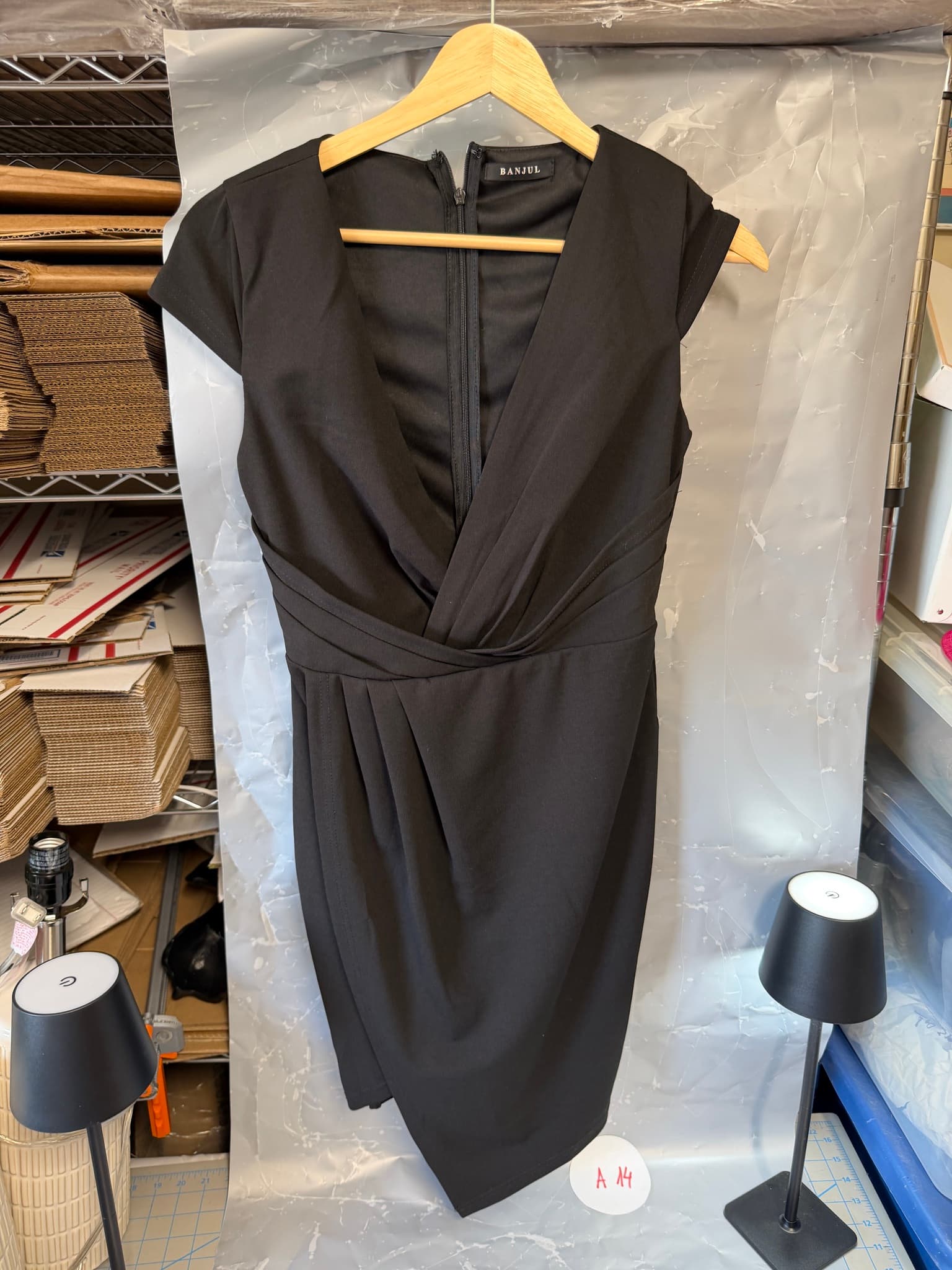 Banjul Black Wrap Front Sheath Dress V-Neck Cap Sleeve Women's Size S