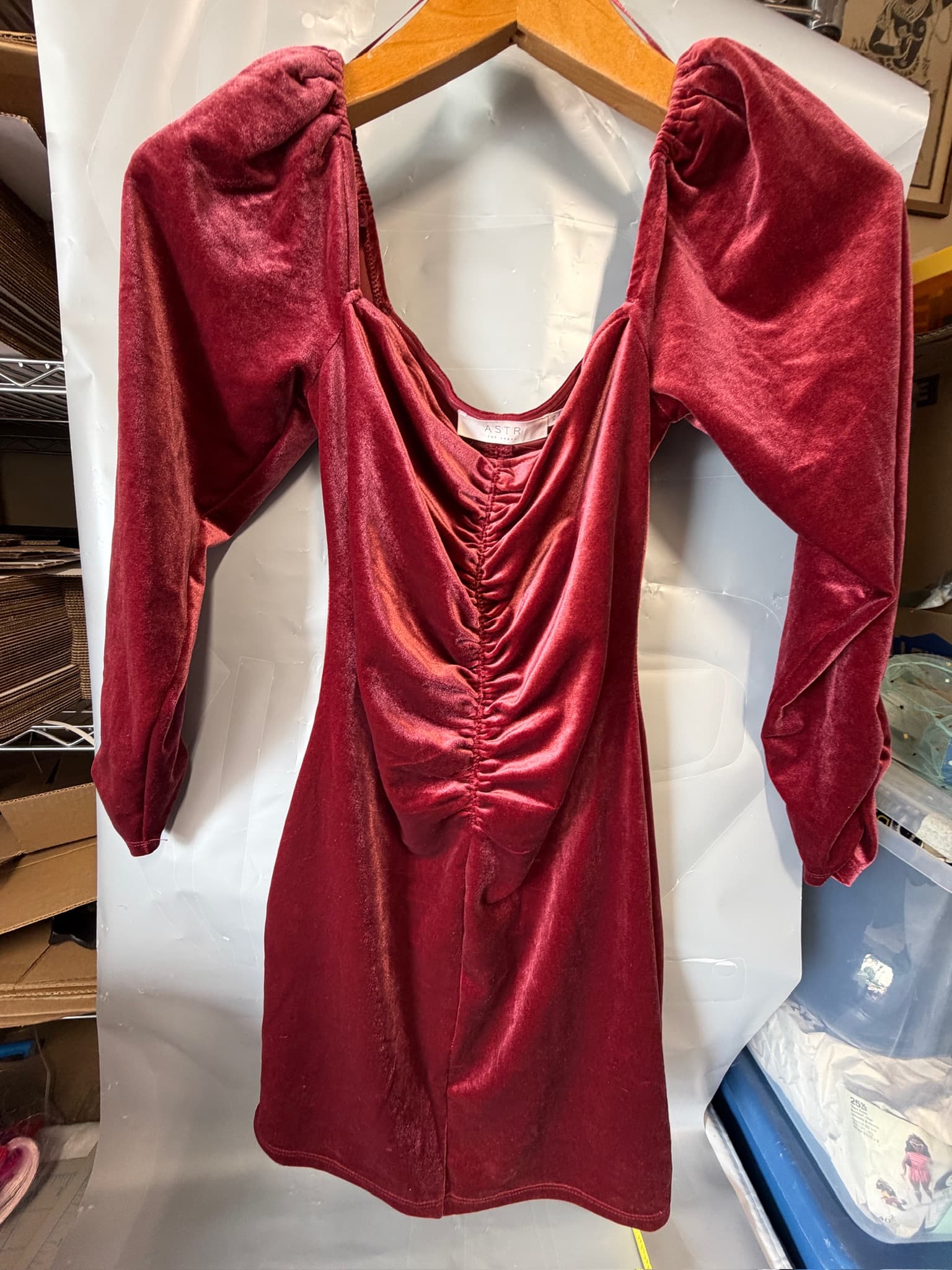 ASTR The Label Women's Velvet Ruched Puff Sleeve Mini Dress Red XS NWT