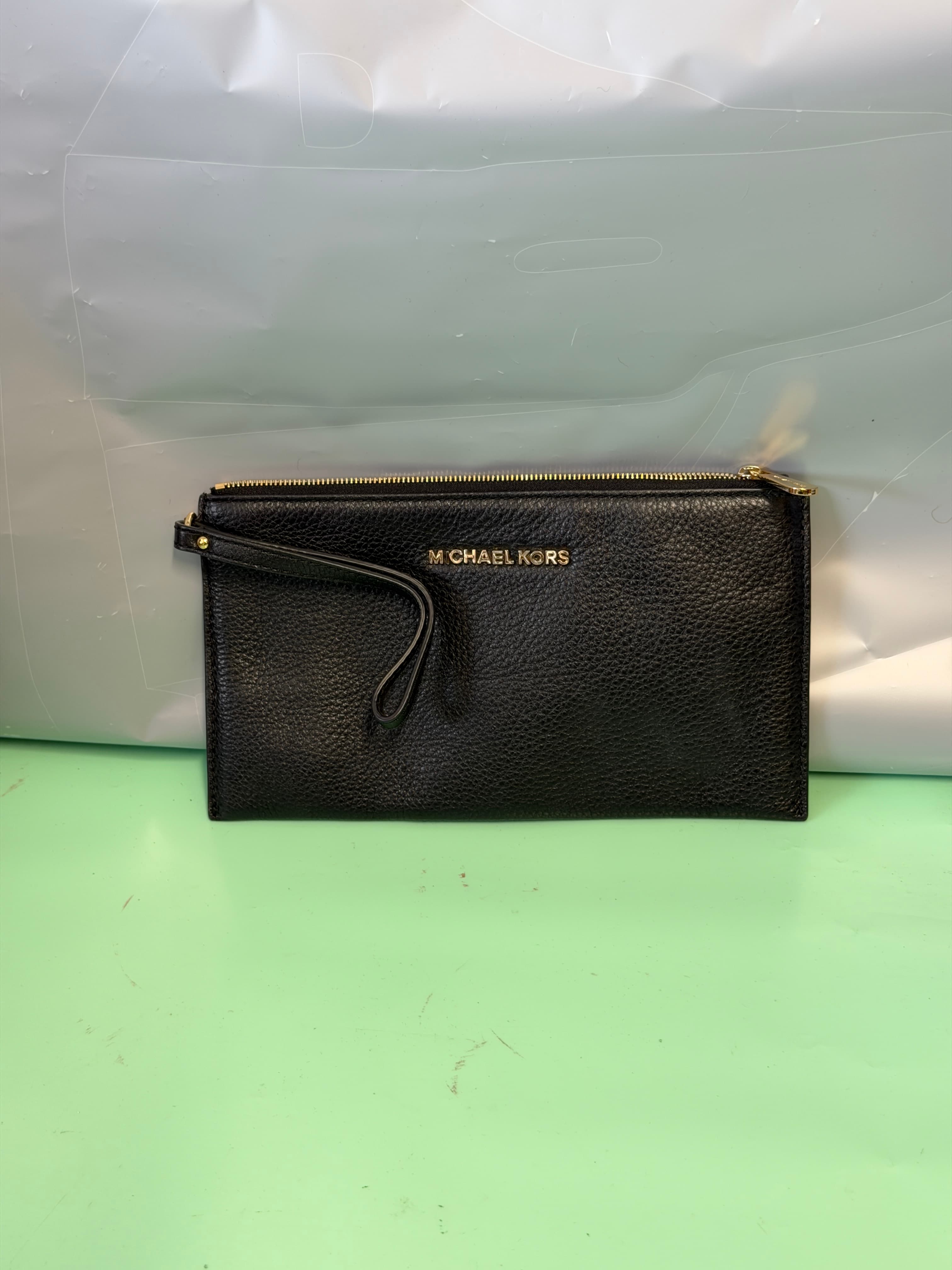 Michael Kors Black Pebbled Leather Wristlet Clutch Gold Hardware