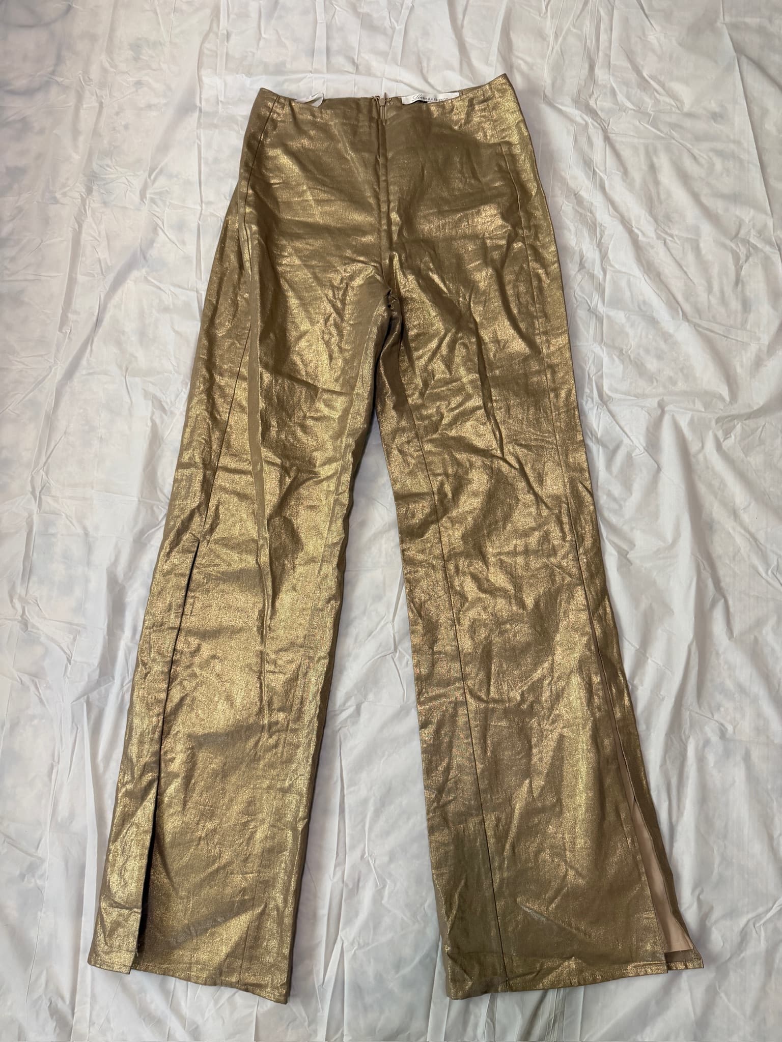 Love + Friends Metallic Gold High Waisted Flare Pants Women's Size M Side Slits
