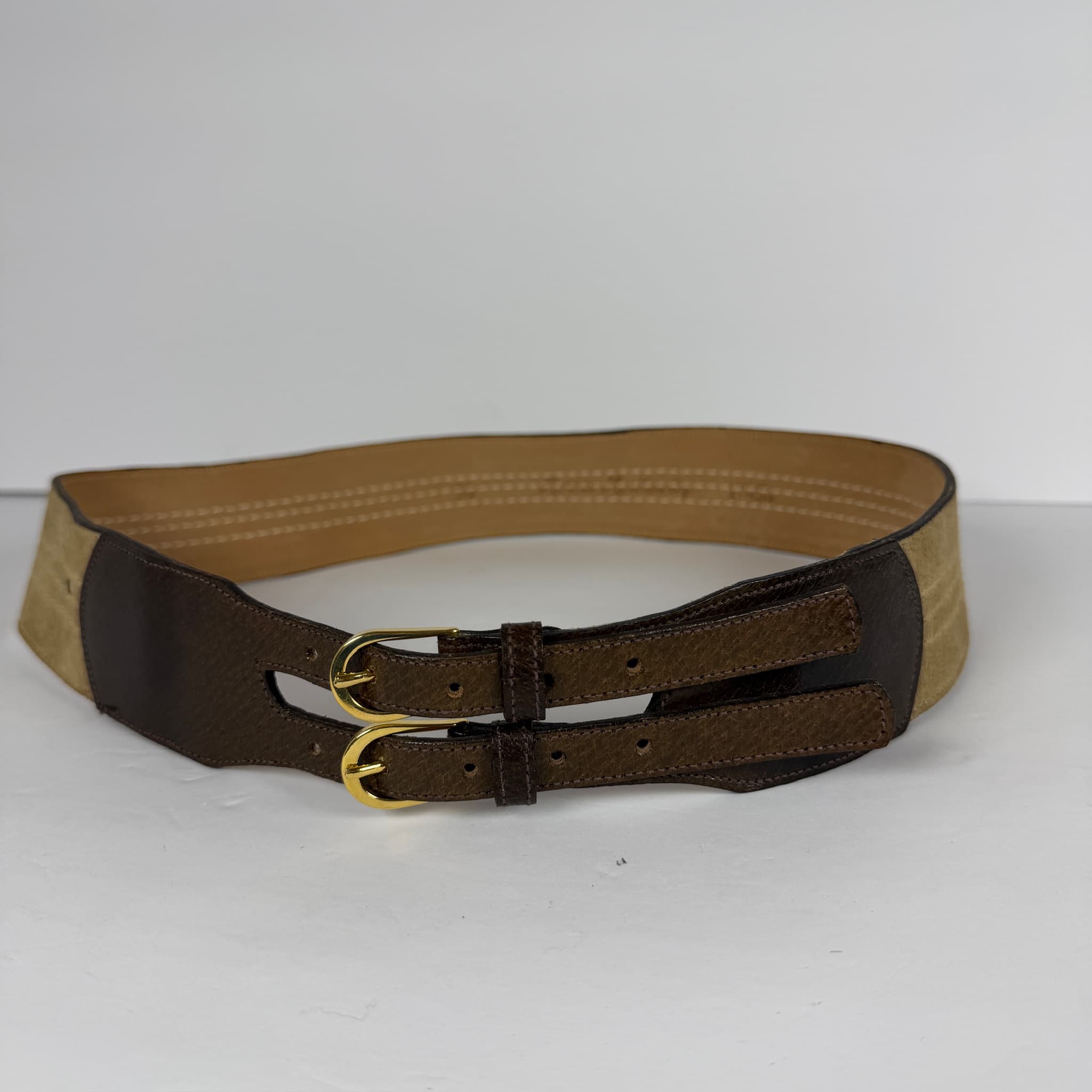 Morris Moskowitz Leather Double Buckle Belt Women's Size 30 Gold Tone Hardware