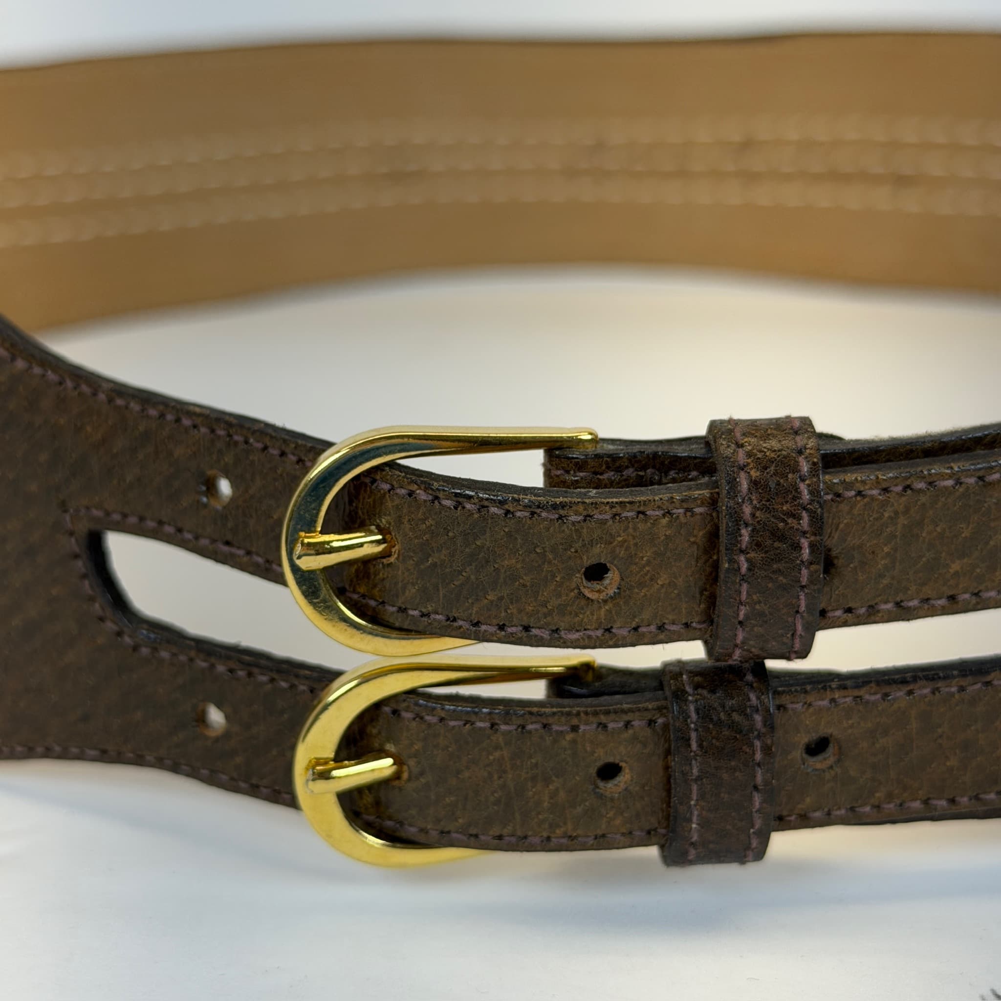 Morris Moskowitz Leather Double Buckle Belt Women's Size 30 Gold Tone Hardware - Thumbnail 4