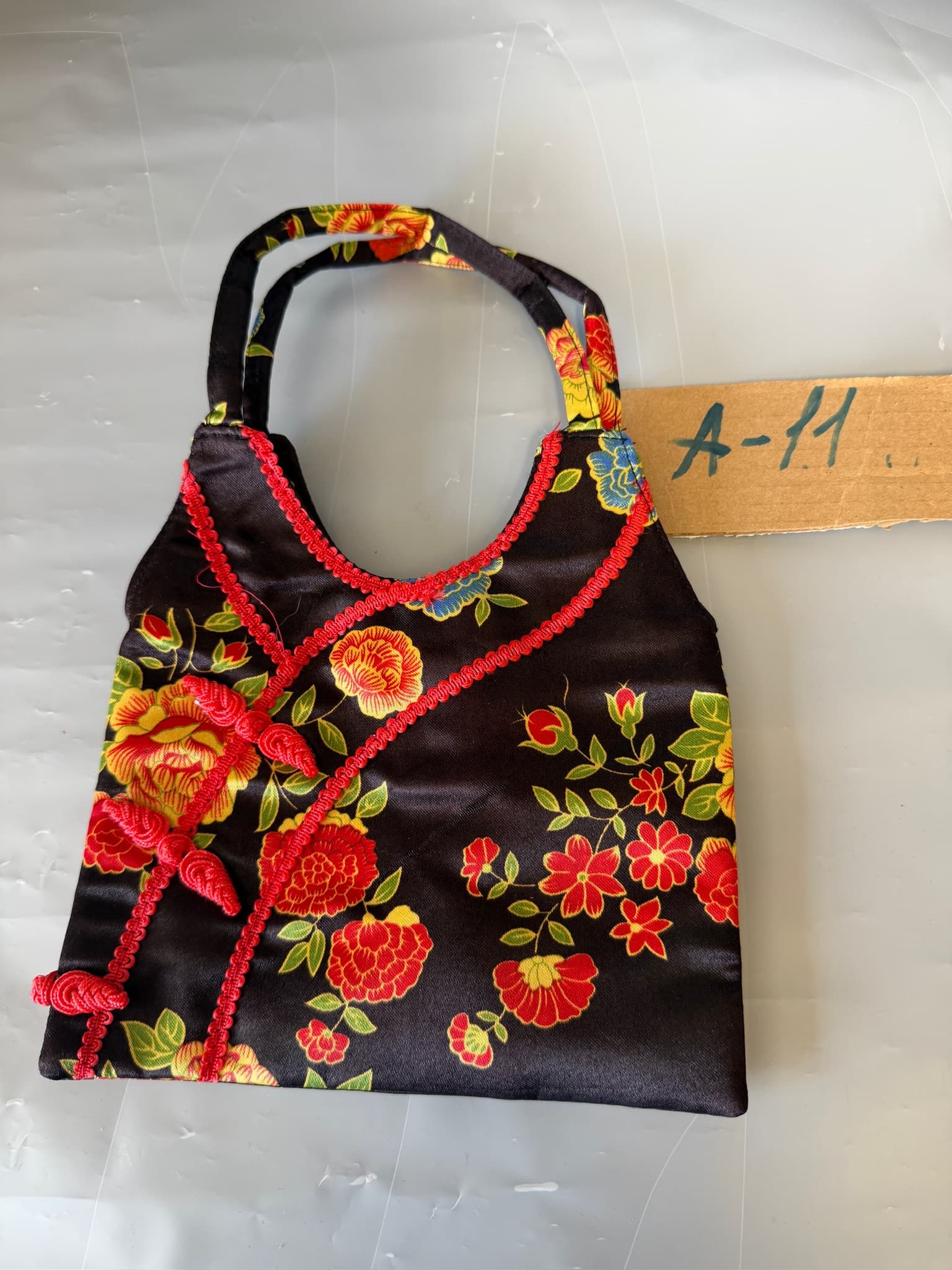 Asian Style Floral Satin Tote Bag with Zipper Closure