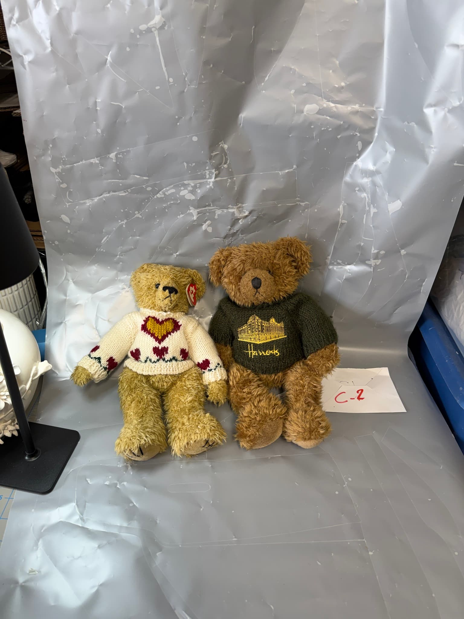 2 Ty Beanie Babies Harrods Bears Knitted Sweater Heart Pattern Plush Toy