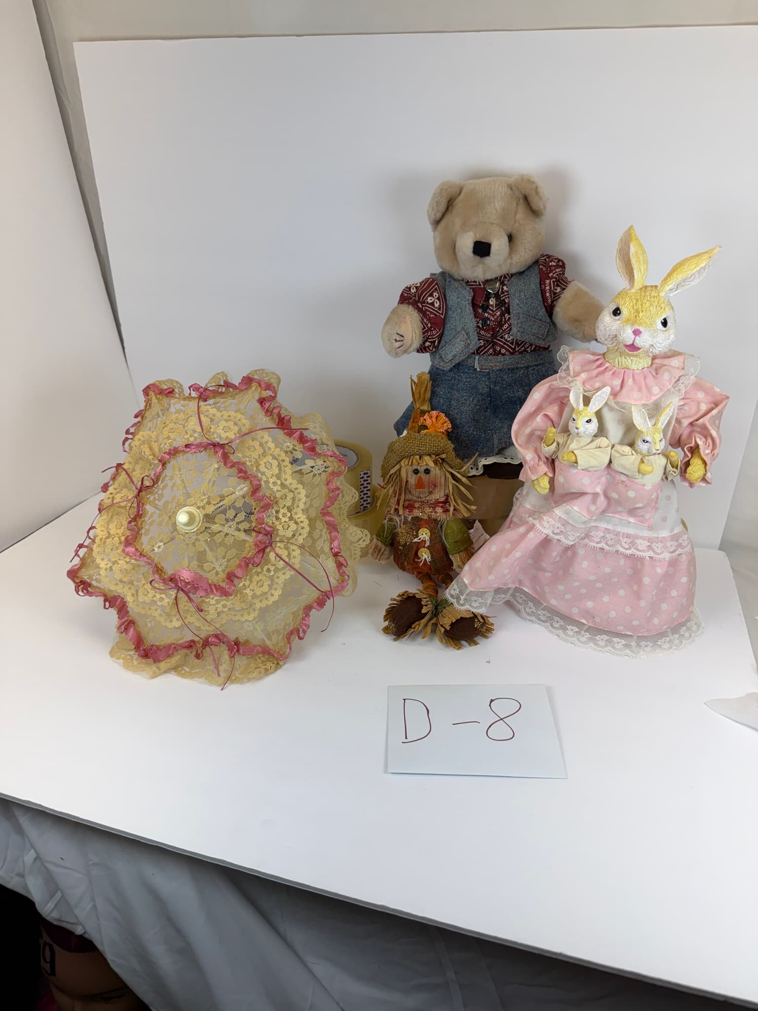 Teddy Bear Bunny Scarecrow Figurines & Lace Umbrella Lot D-8