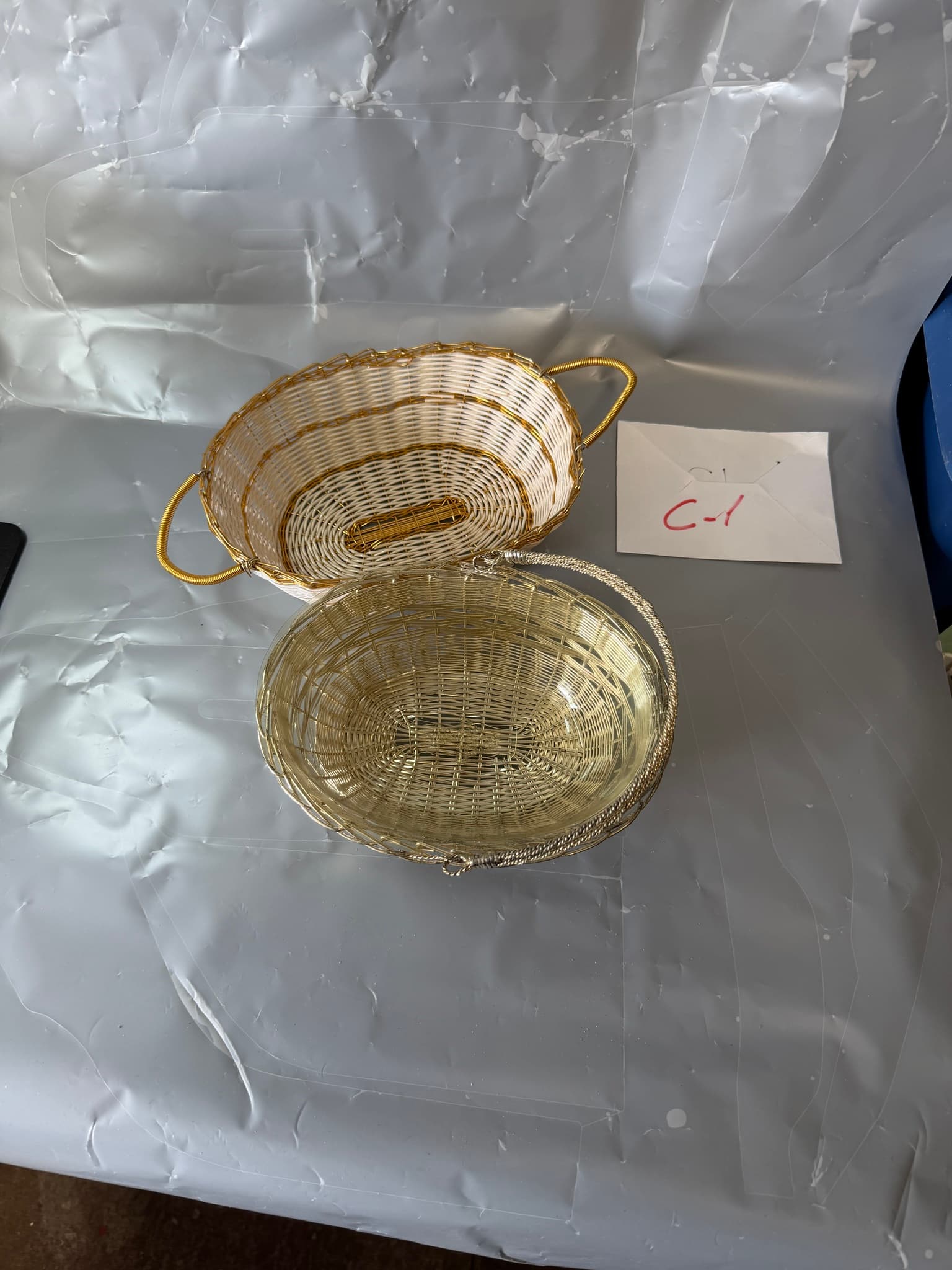 Set of 2 Decorative Woven Baskets Oval Gold White Wire Handles Home Decor