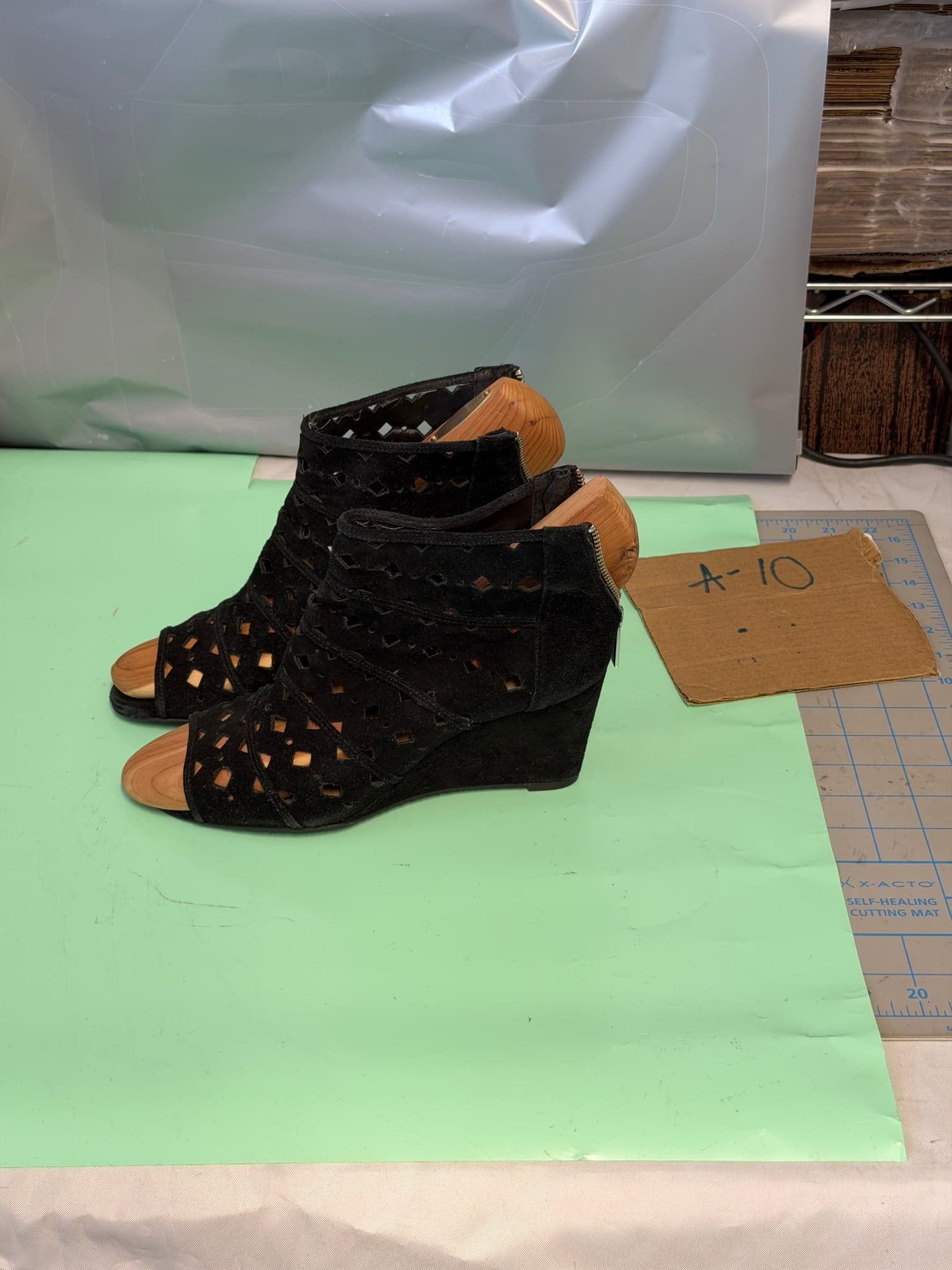 Michael Kors Black Suede Peep-Toe Wedge Booties Cut-Out Detail Women's Shoes