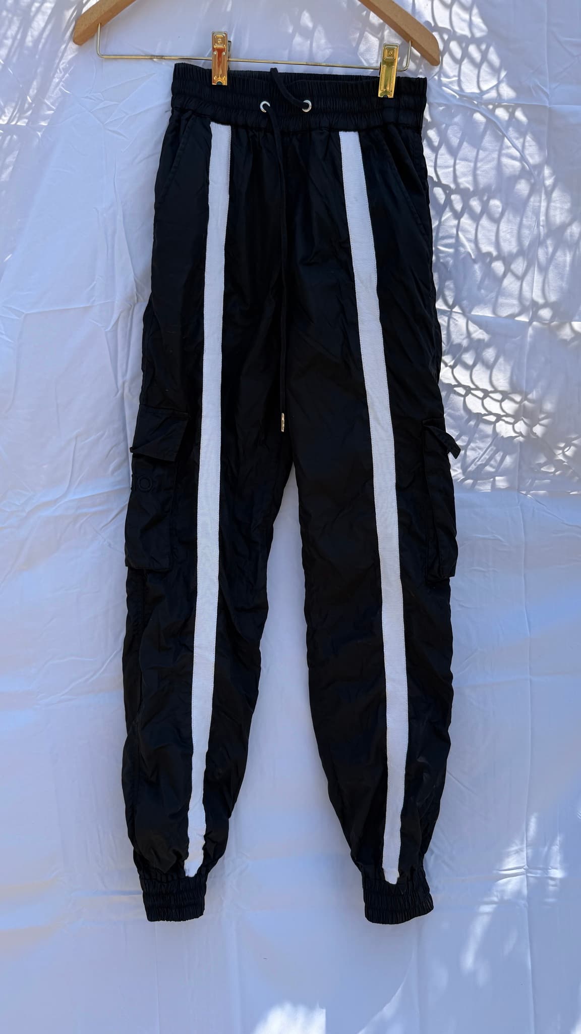 DANIELLE GUIZIO Black Track Pants Cargo Pockets Striped Drawstring Waist Ribbed