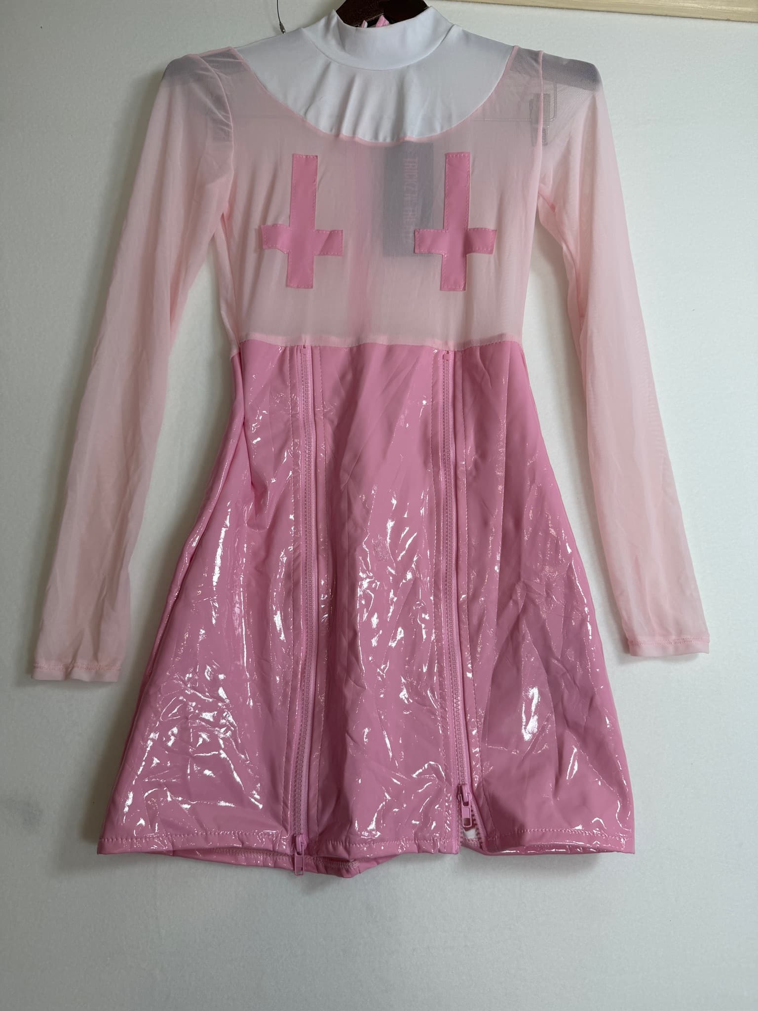TRICKZ N' TREATZ Pink Nun Dress Mesh Vinyl Cross Applique Zipper Detail XS
