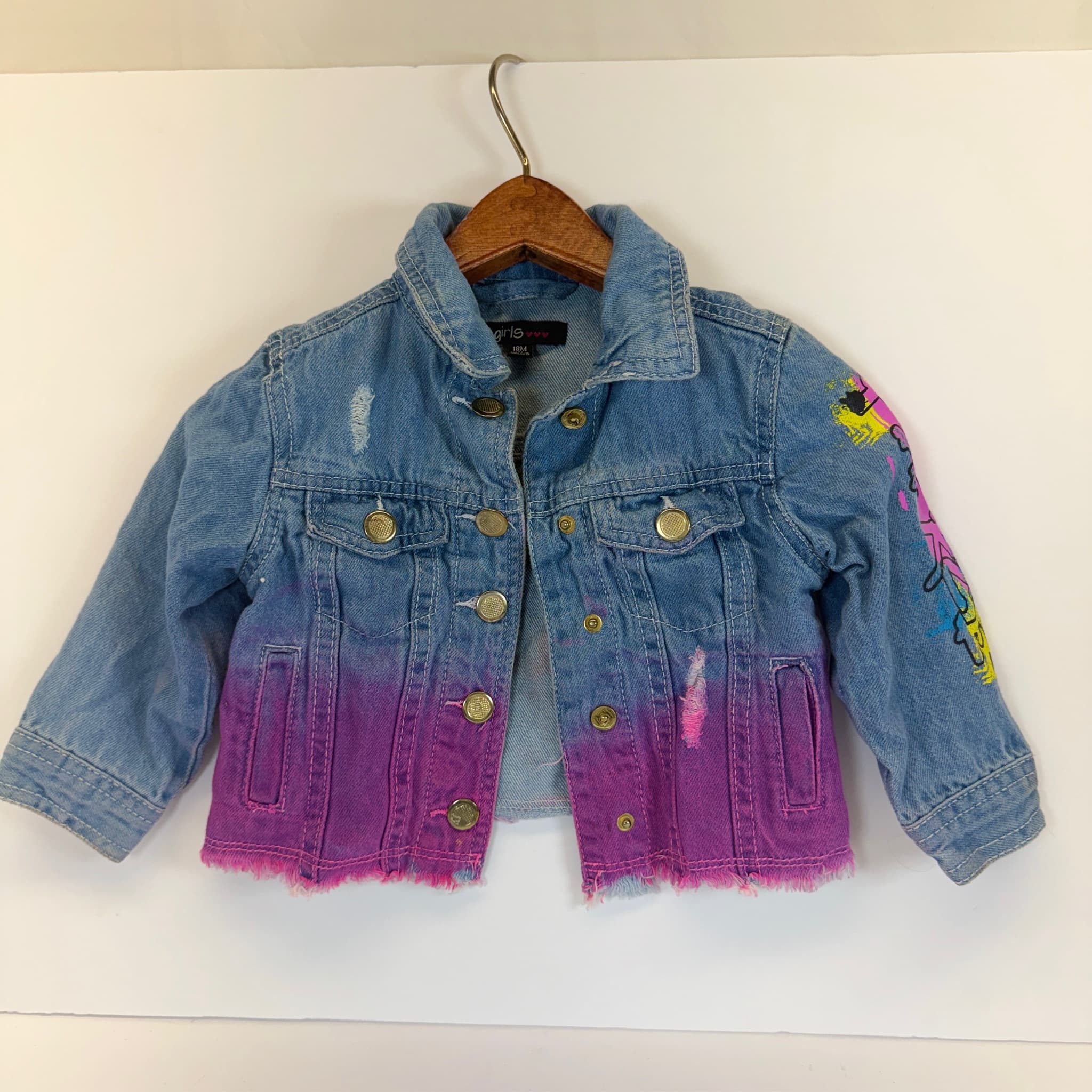 Girls 18M Denim Jacket Ombre Pink Distressed Graffiti Graphic Button Up