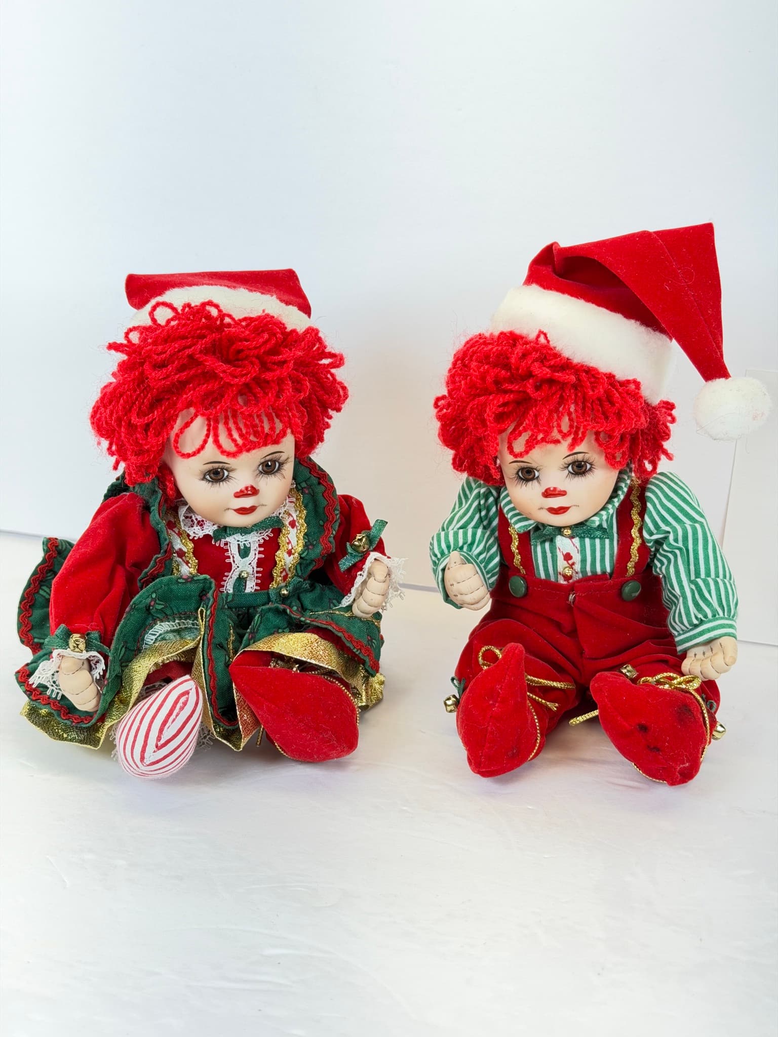 2pc Christmas Clown Dolls Porcelain Face Red Hair Festive Outfit 2001