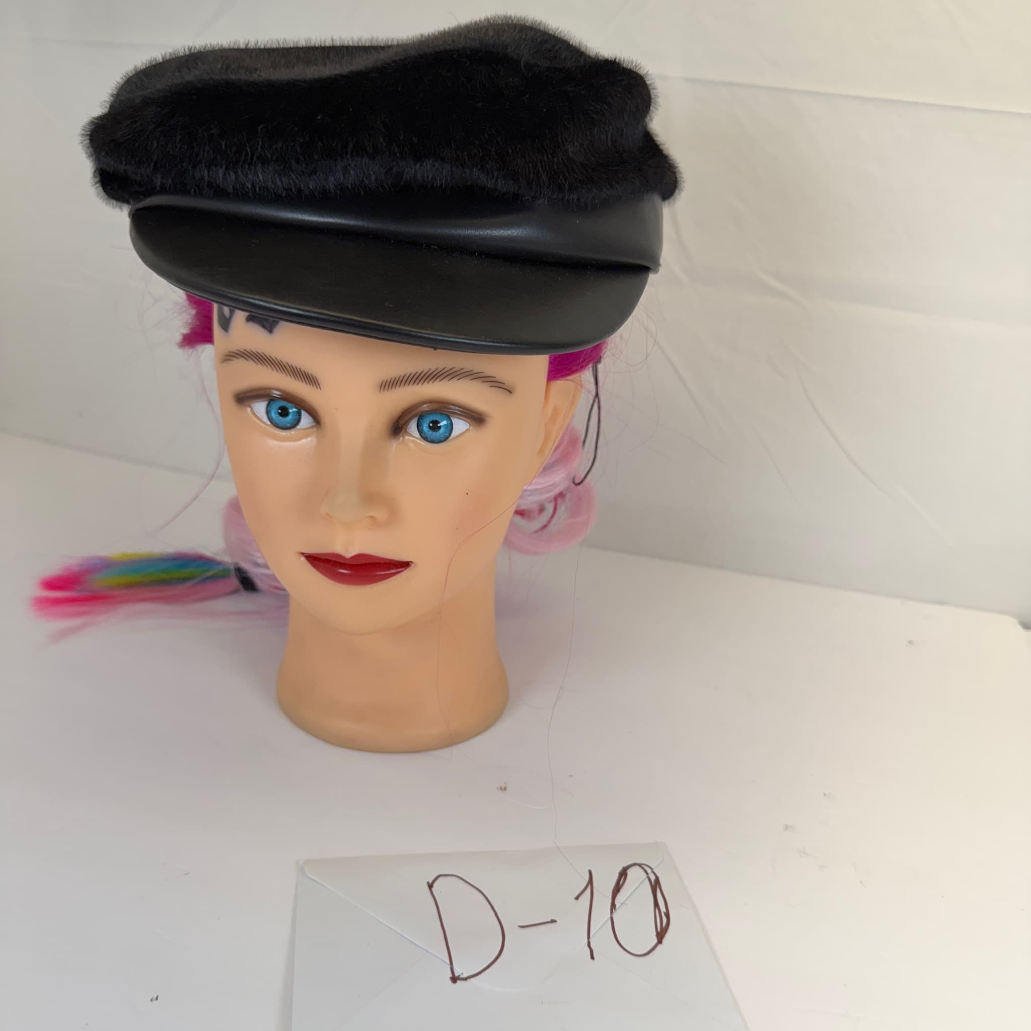 BCBGMAXAZRIA Black Faux Fur & Leather Cap Hat Elastic Back Women's OS