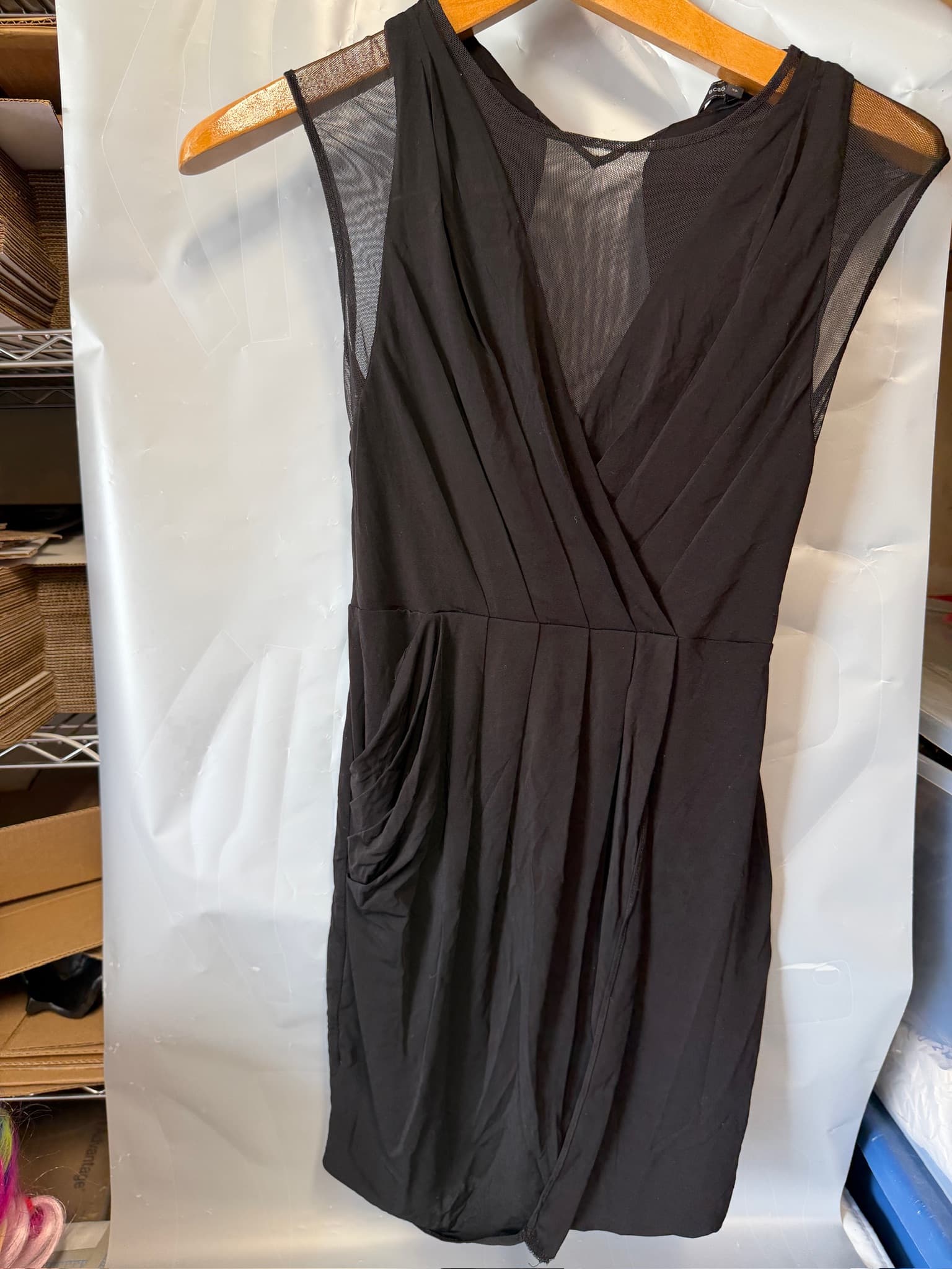 BCBGMAXAZRIA Black Sleeveless Mesh V-Neck Wrap Ruched Dress Women's XS