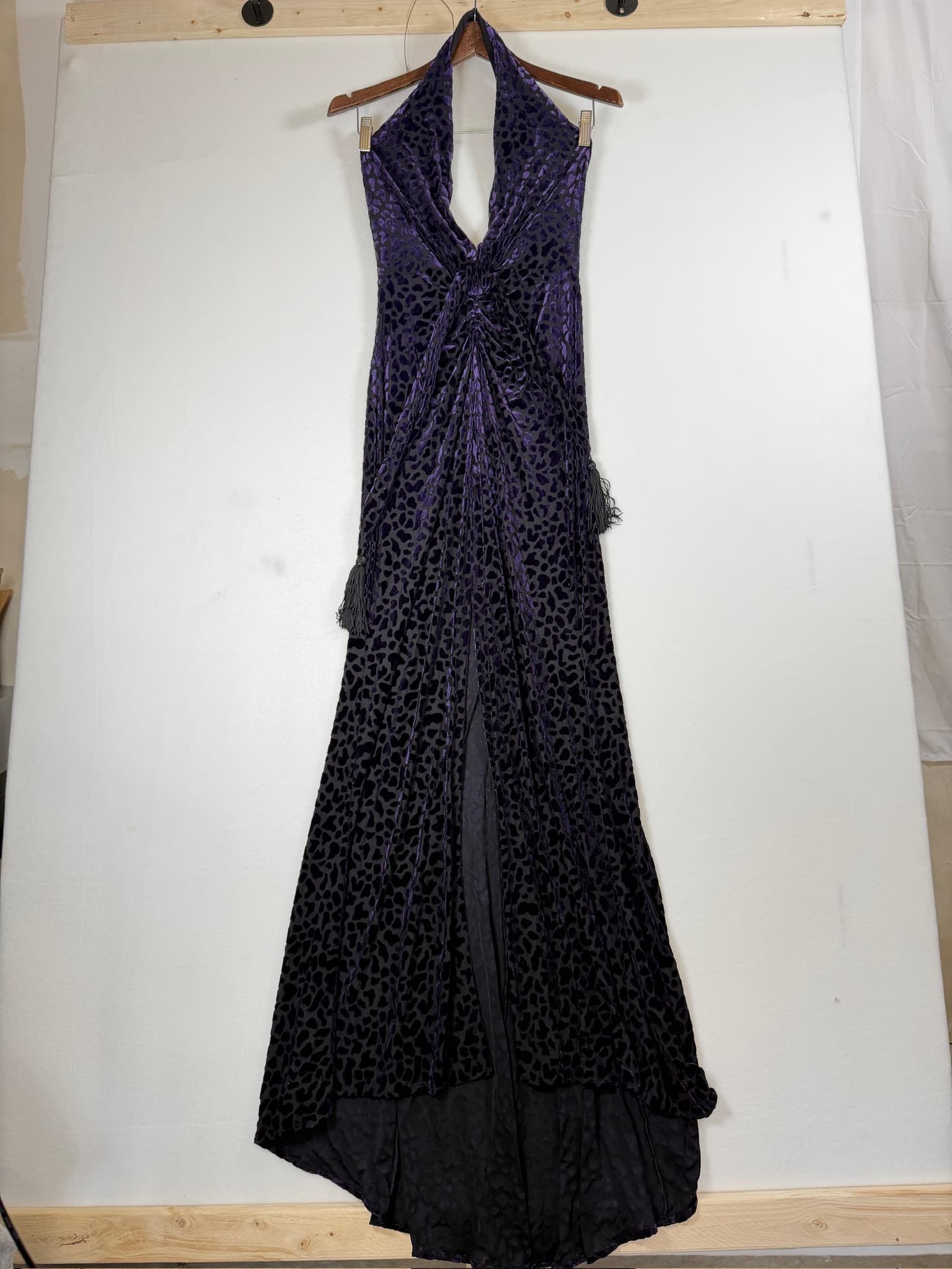 Purple Velvet Burnout Leopard Halter Neck Ruched Maxi Dress Tassel Belt