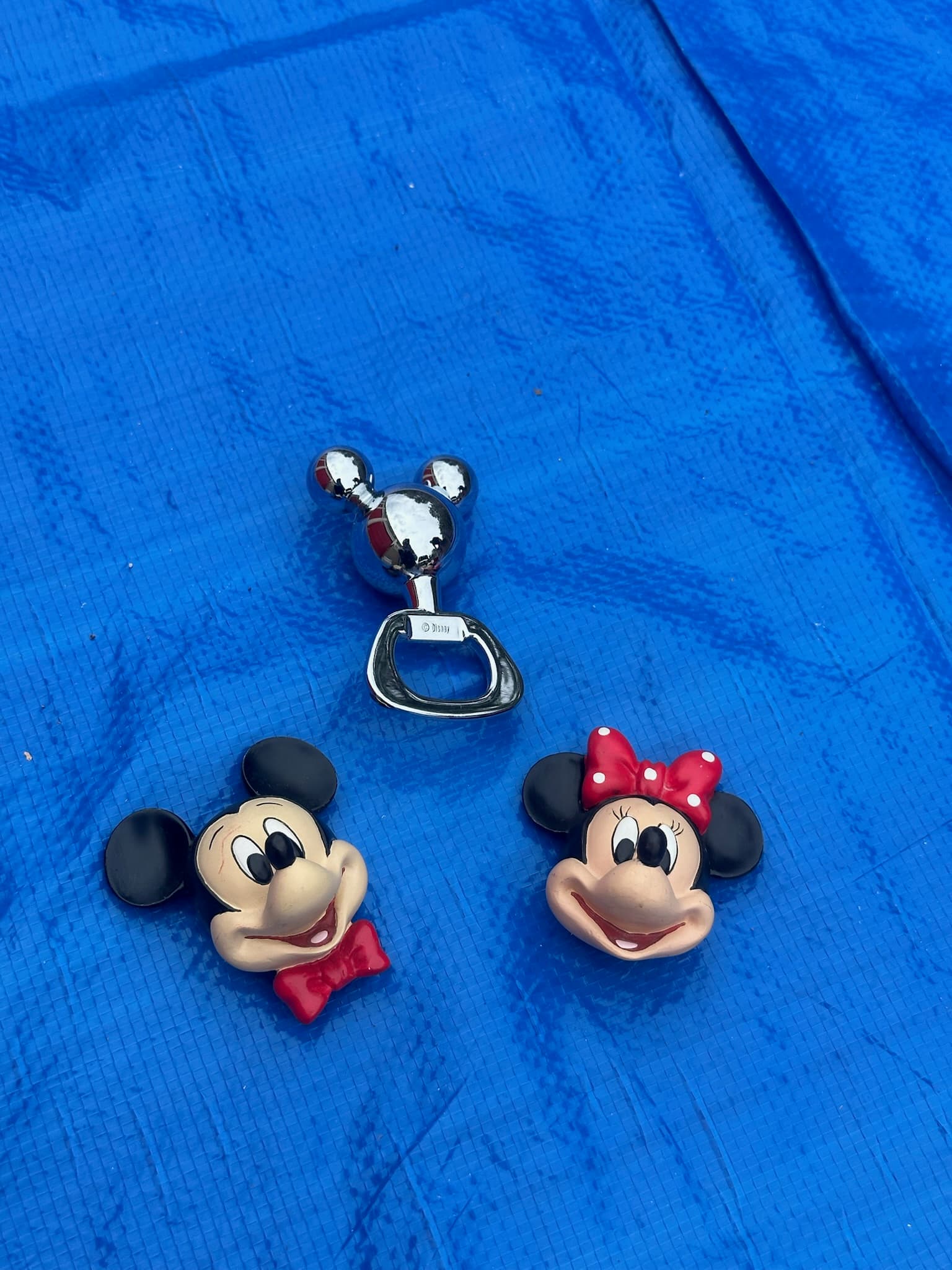 Disney Mickey Minnie Mouse Head Figurines & Chrome Bottle Opener Set