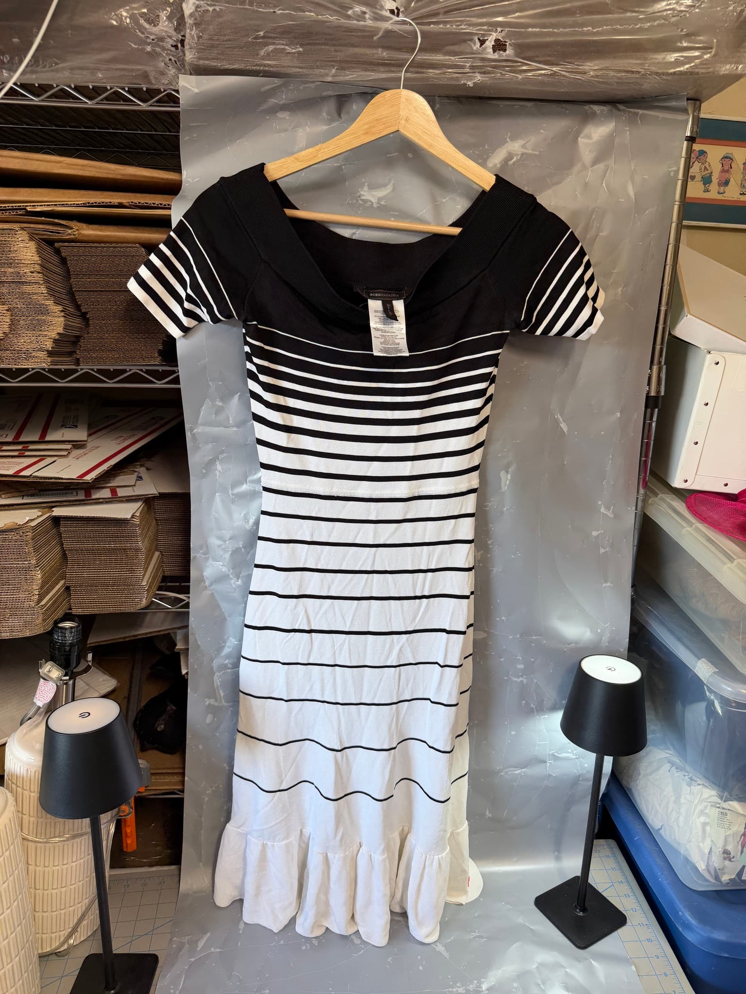 BCBGMAXAZRIA Agnese Off-Shoulder Striped Ruffle Hem Knit Dress XS