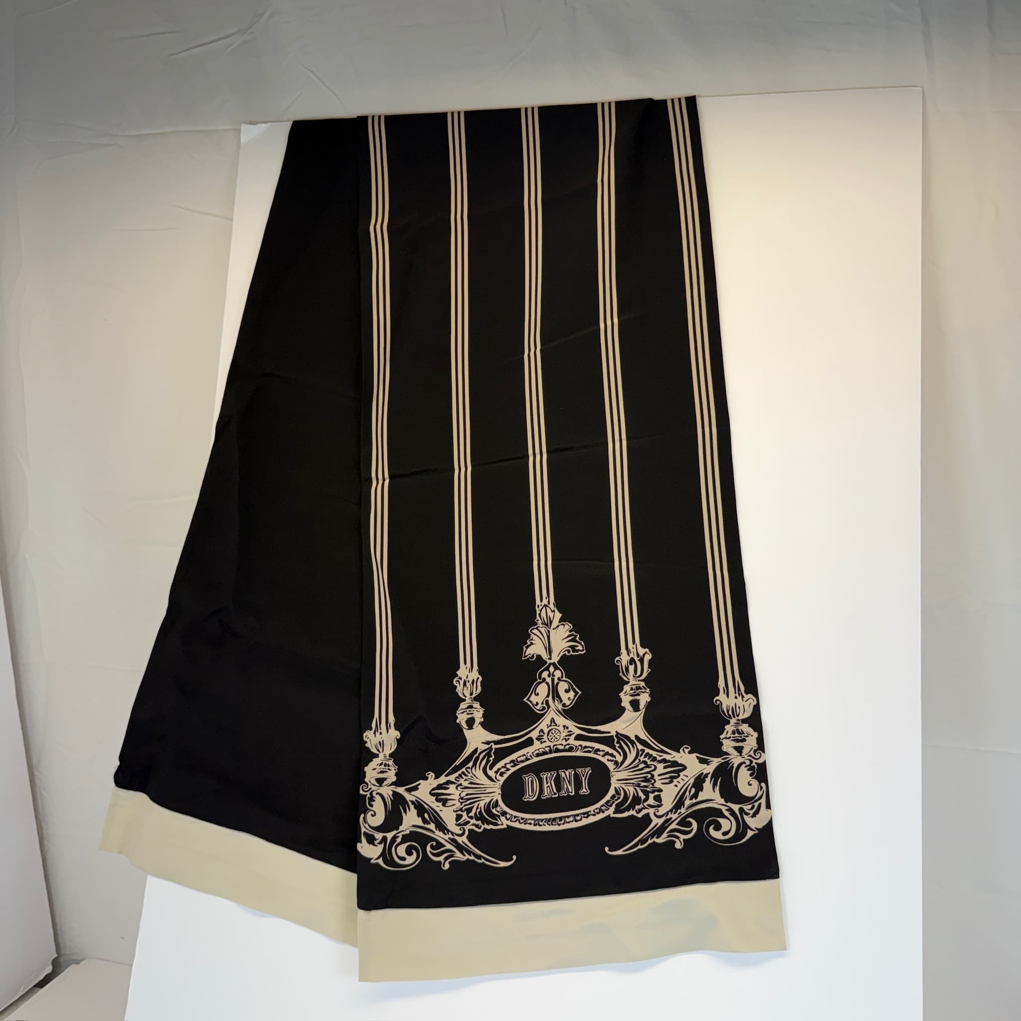DKNY 100% Silk Scarf Black Cream Gold Stripes Ornate Crown Design