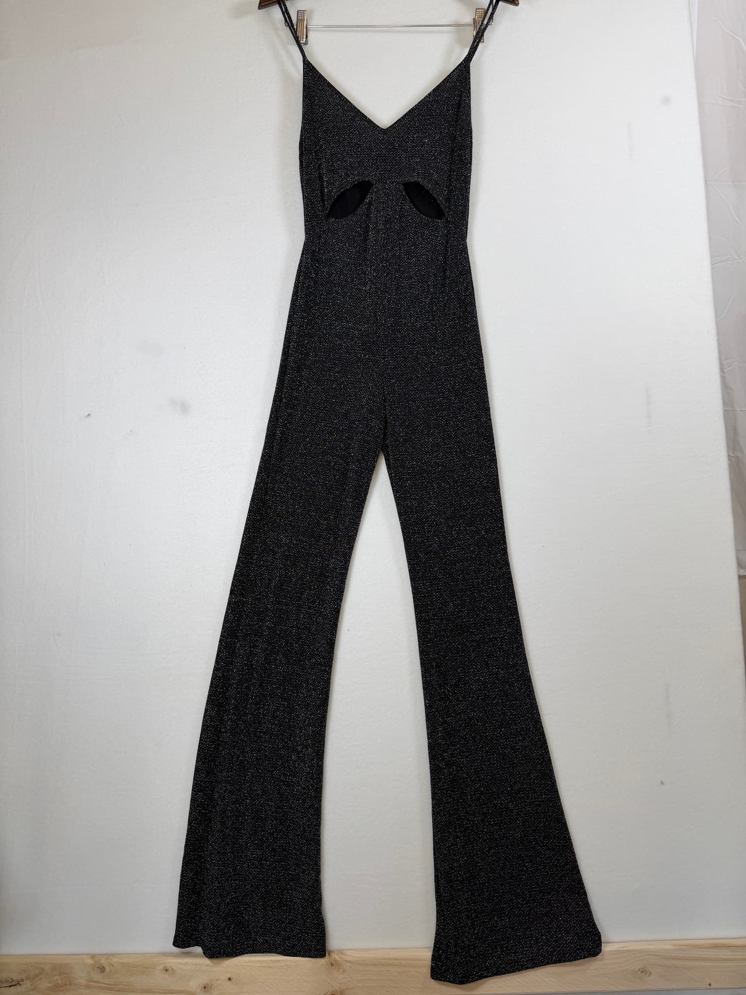 BCBGMAXAZRIA Sparkle Cut-Out Wide Leg Jumpsuit XXS Black