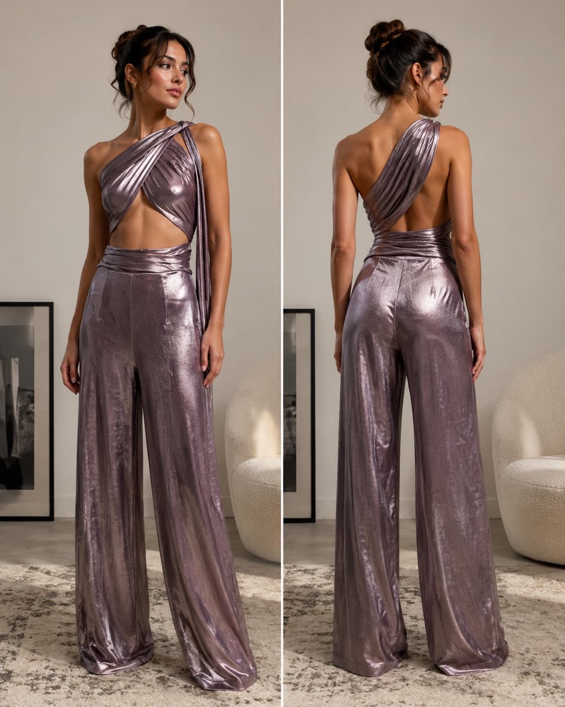 Bronx & Banco Metallic One Shoulder Cut Out Wide Leg Jumpsuit XS
