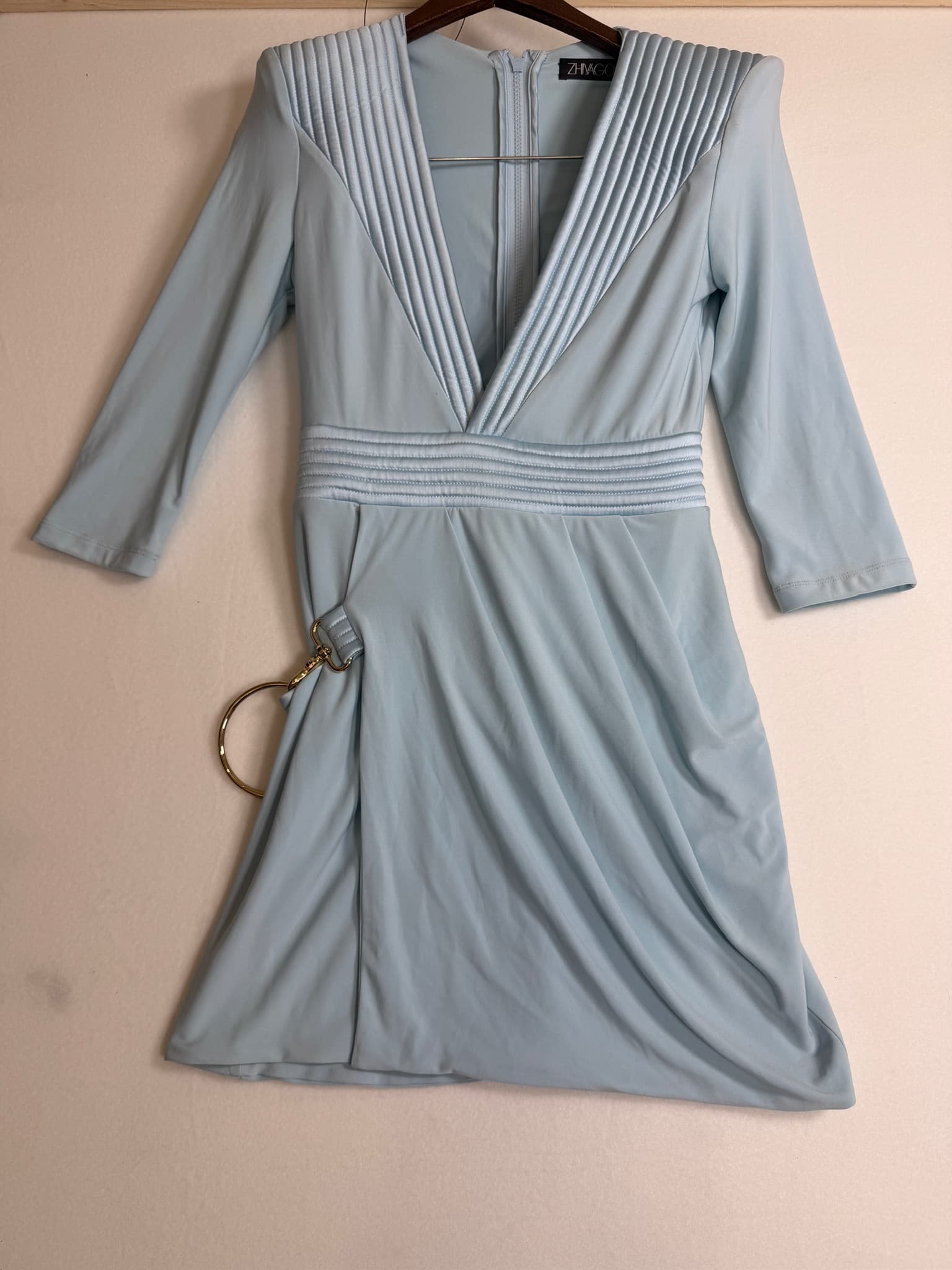 Zhvago Women's Blue V-Neck Ruched Dress Gold Ring Accent Long Sleeve Size M