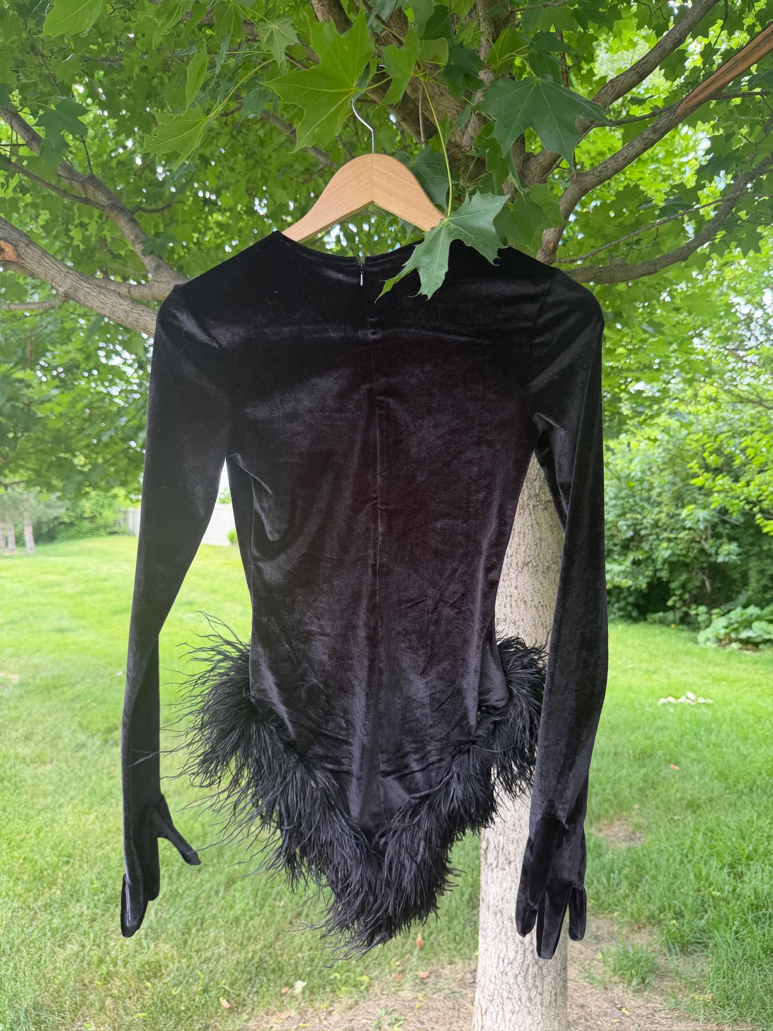 MISCREANTS Black Velvet Feather Trim Long Sleeve Bodysuit Size 6