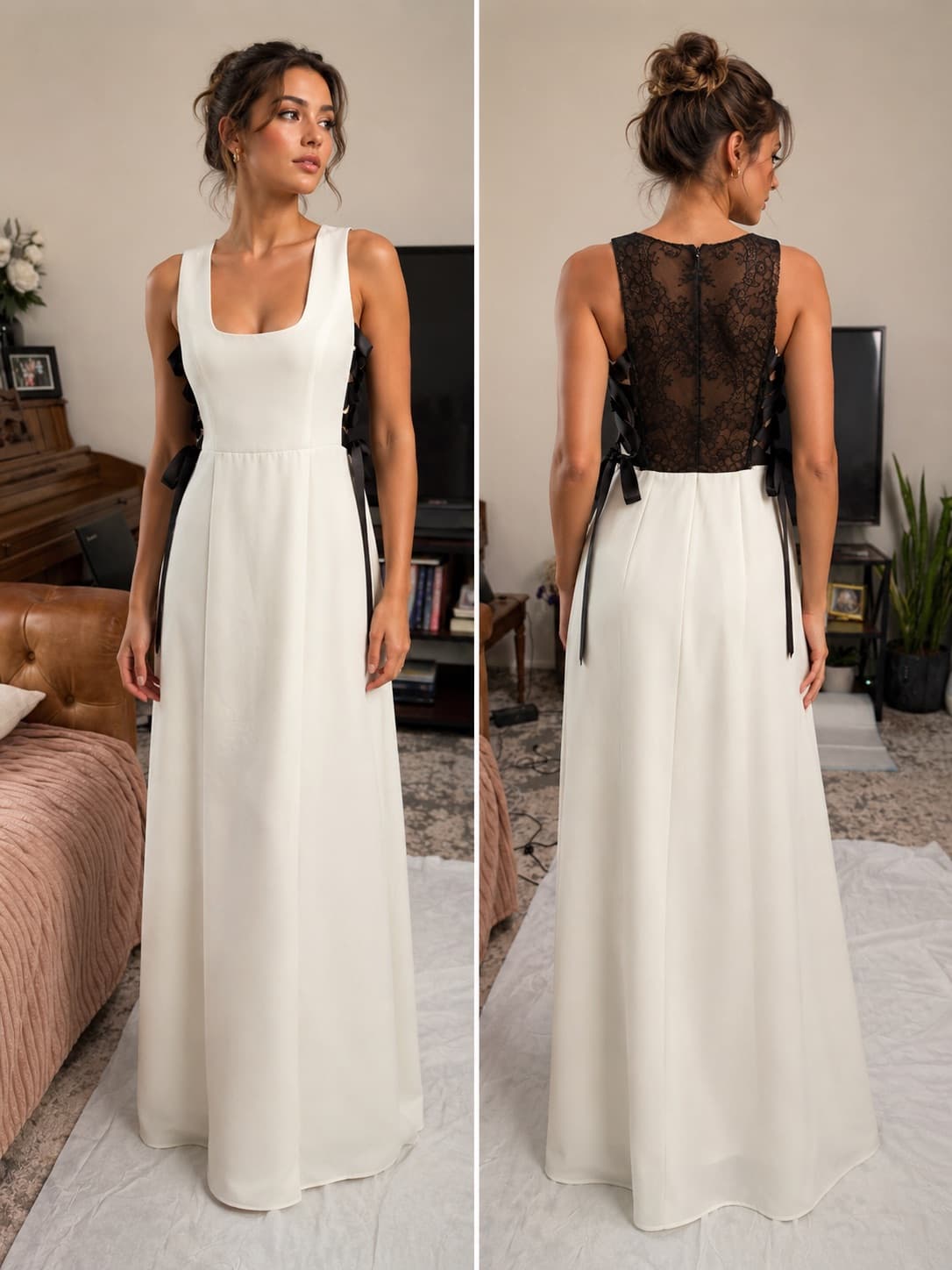 BCBGMAXAZRIA White Lace Back Maxi Dress Square Neck Sleeveless Ribbon Tie Size M