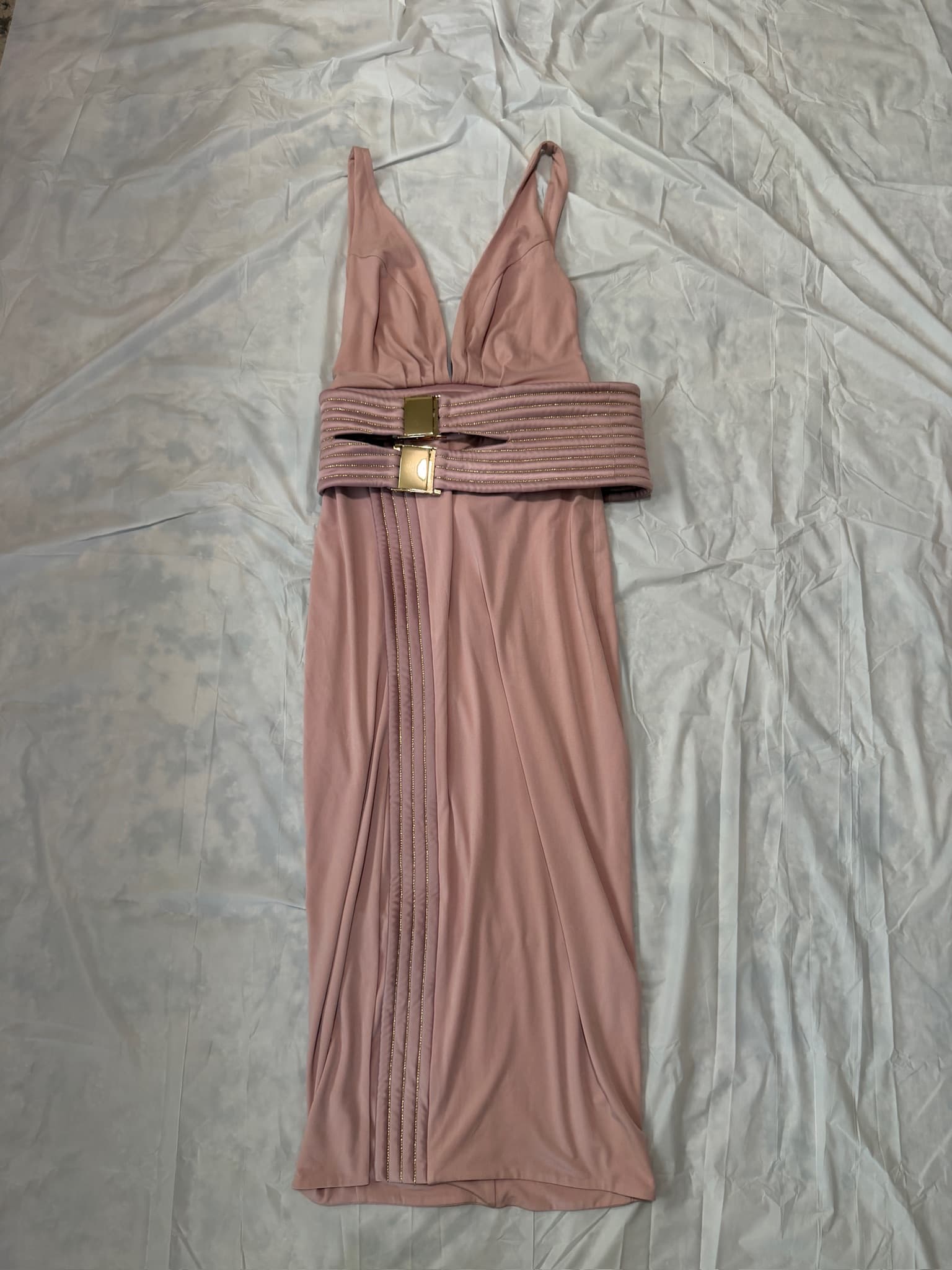 ZHIVAGO The Muse Dress Pink Plunge V-Neck Gold Belt High Slit Midi Dress S