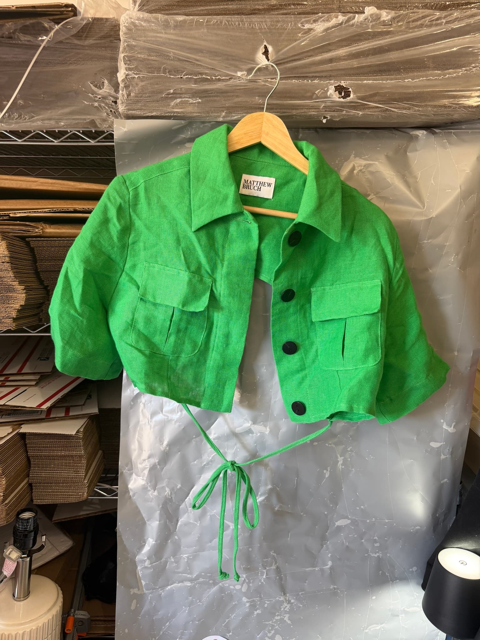 Matthew Bruch Green Linen Cropped Utility Jacket Women's Size 2
