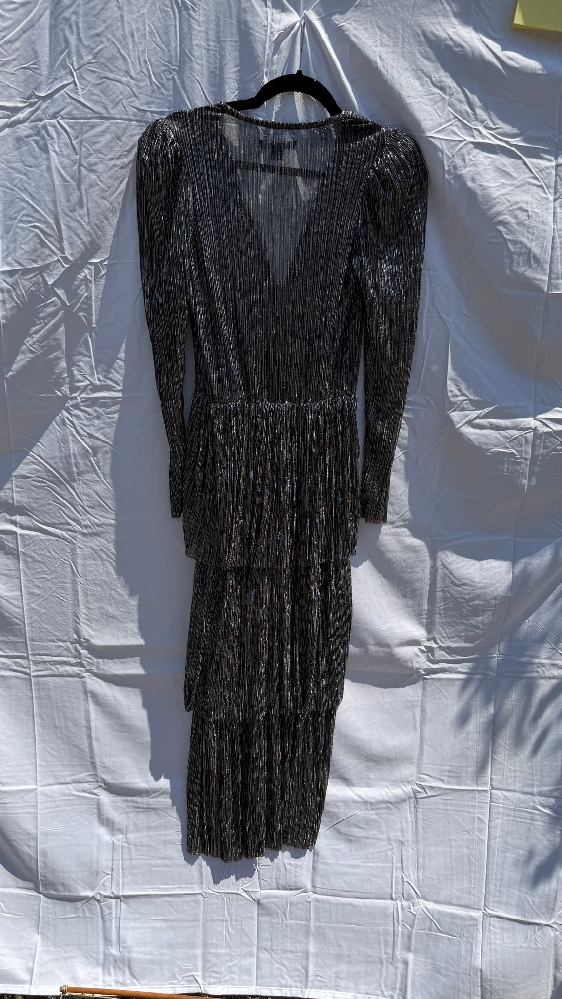 Sabina Musayev Metallic Tiered Ruffle V-Neck Long Sleeve Dress XS