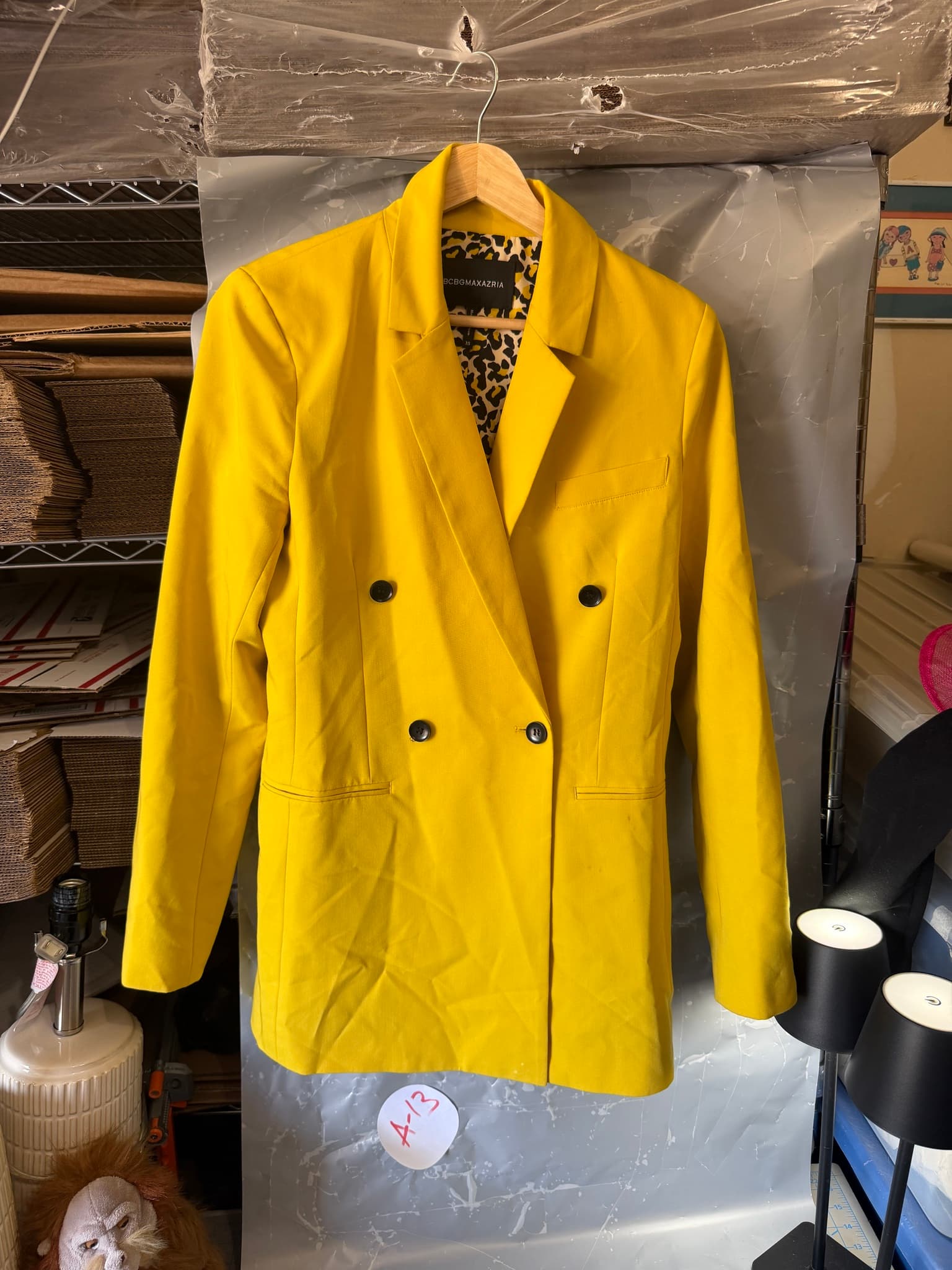 BCBGMAXAZRIA Yellow Double-Breasted Blazer Leopard Lining Women's Size XS