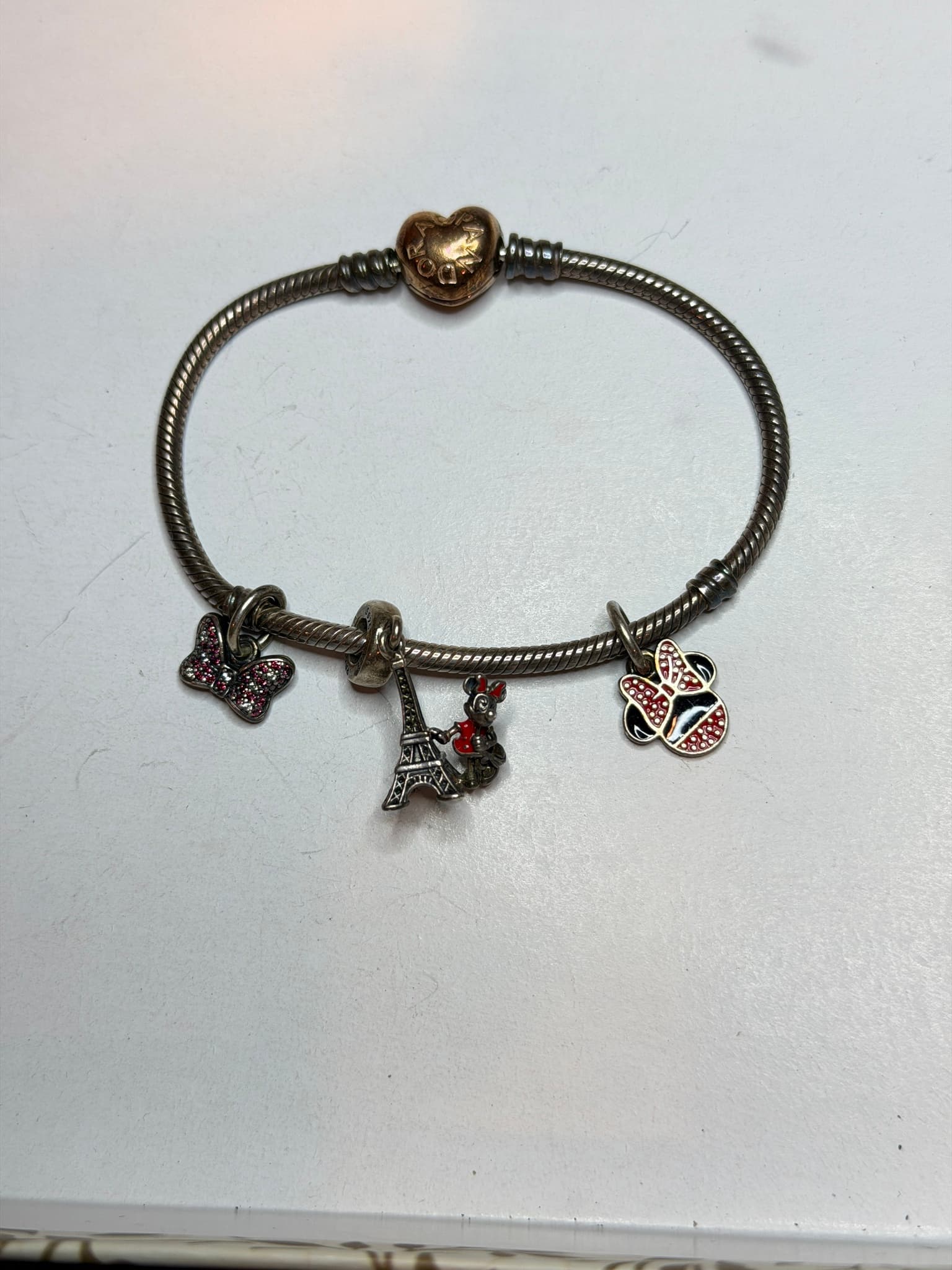 Pandora Sterling Silver Snake Chain Bracelet w/ Eiffel Tower Minnie Mouse Charms